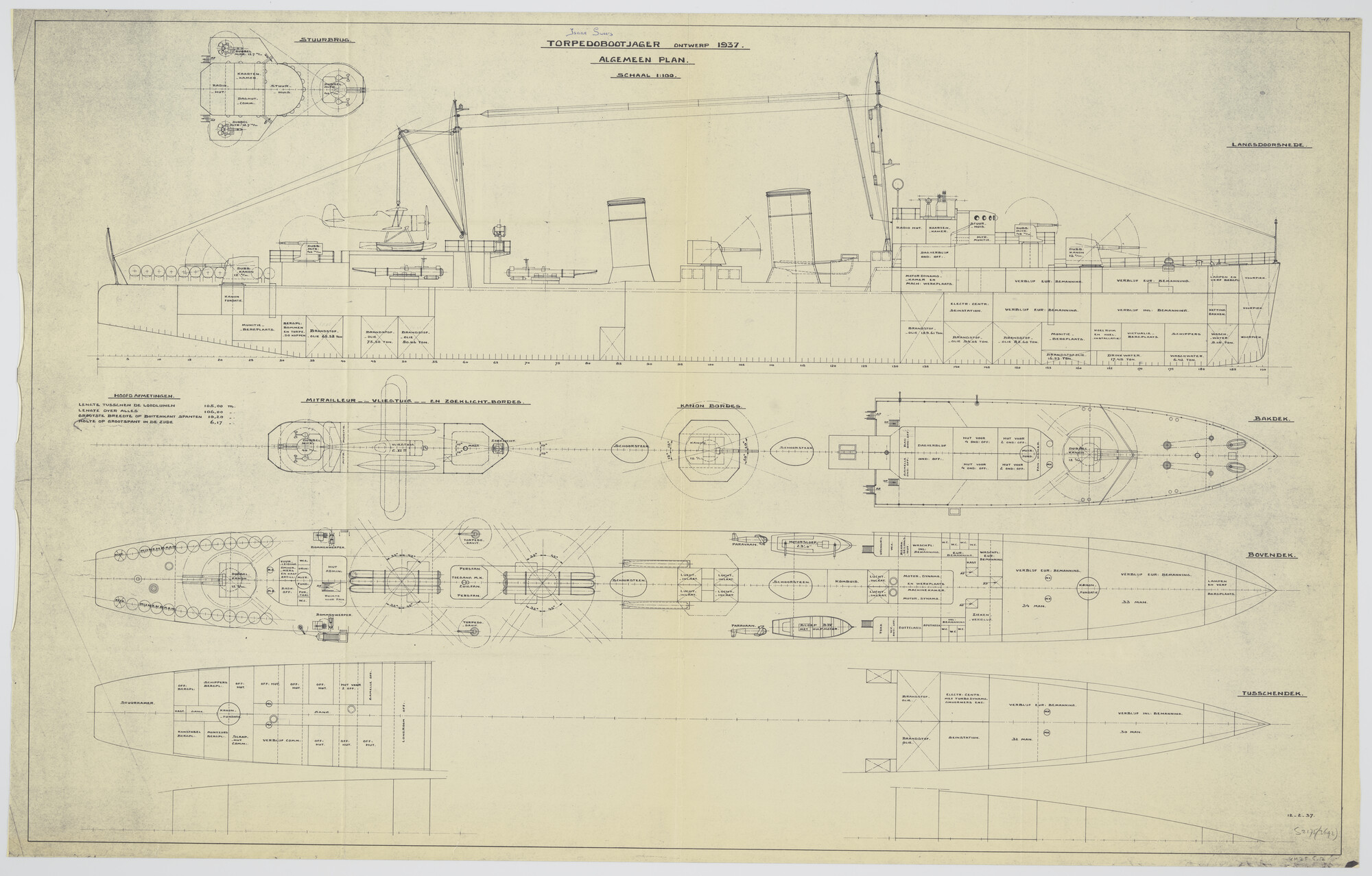 S.2175(3692); Langsdoorsnede; bovenaanzicht bakdek en bordessen; bovenaanzicht bovendek en indeling tussendek vóór en achter aan boord van de torpedobootjagers van de Admiralen-klasse 1937 e.v; technische tekening