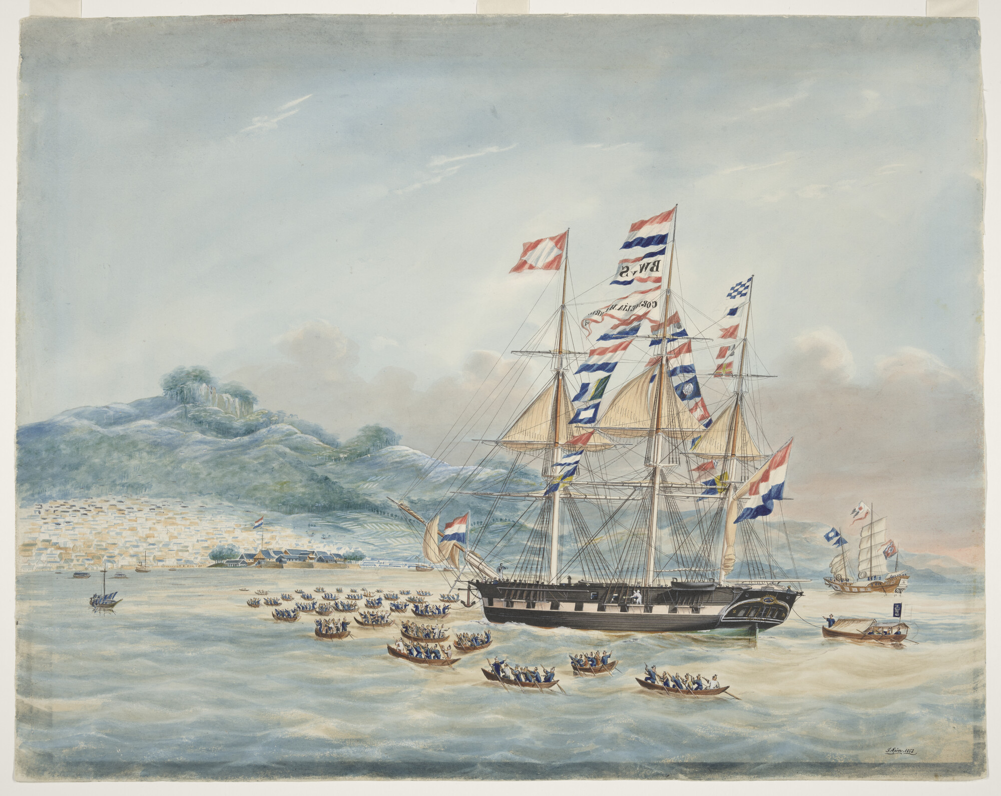 S.2227(03); Het fregatschip Cornelia Henriette op de rede van Deshima; tekening