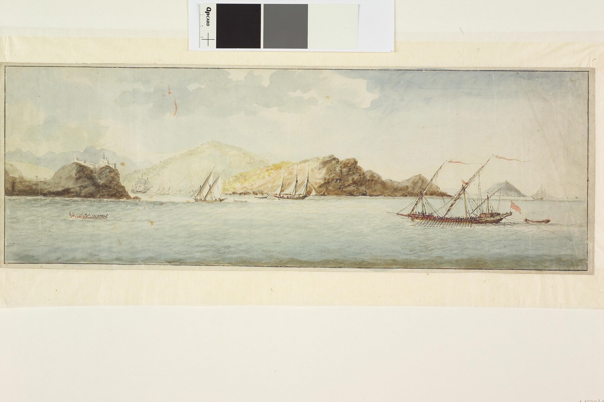 A.1533(02); Twee chebeks en een galei in de Middellandse Zee; tekening