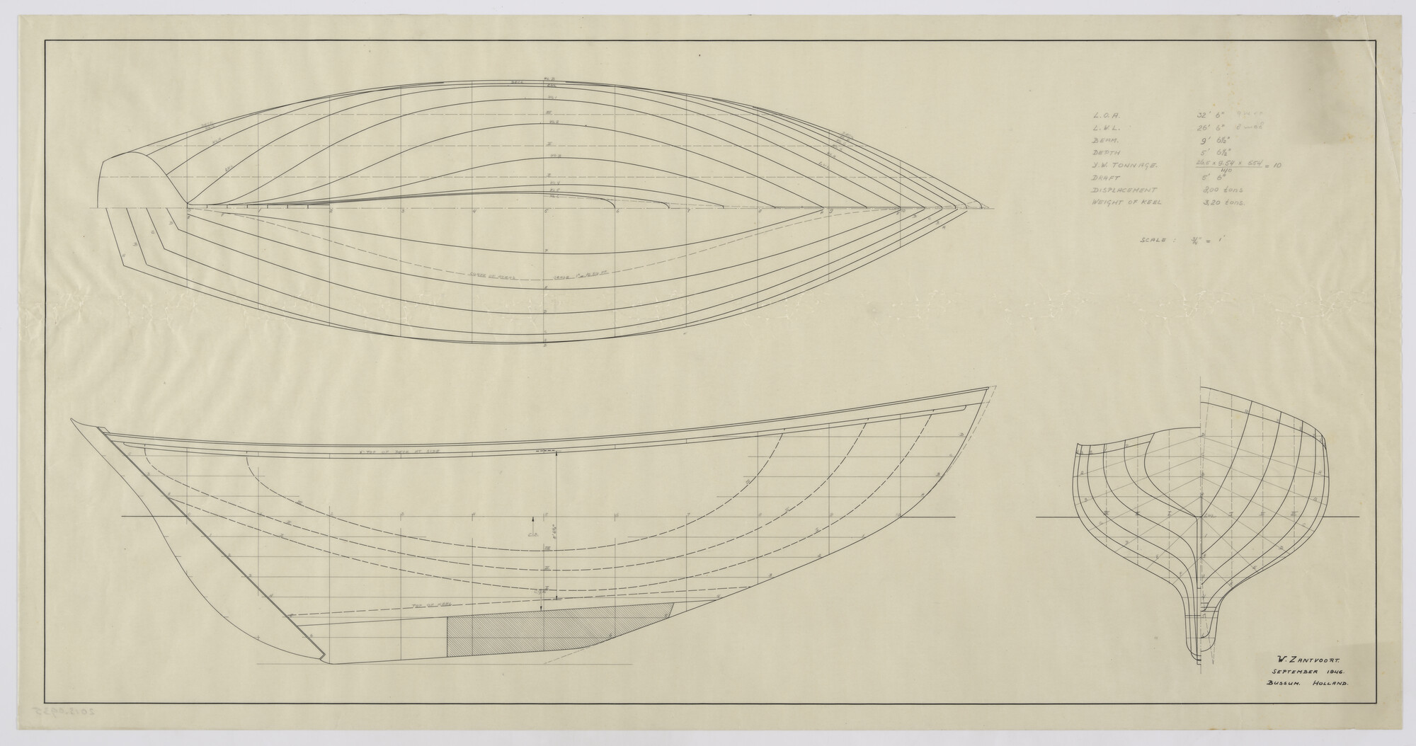 2013.0935; Lijnenplan van een houten 10 tons kajuitzeiljacht (auxiliary cruiser) van 32' 6" (9.90 meter); technische tekening