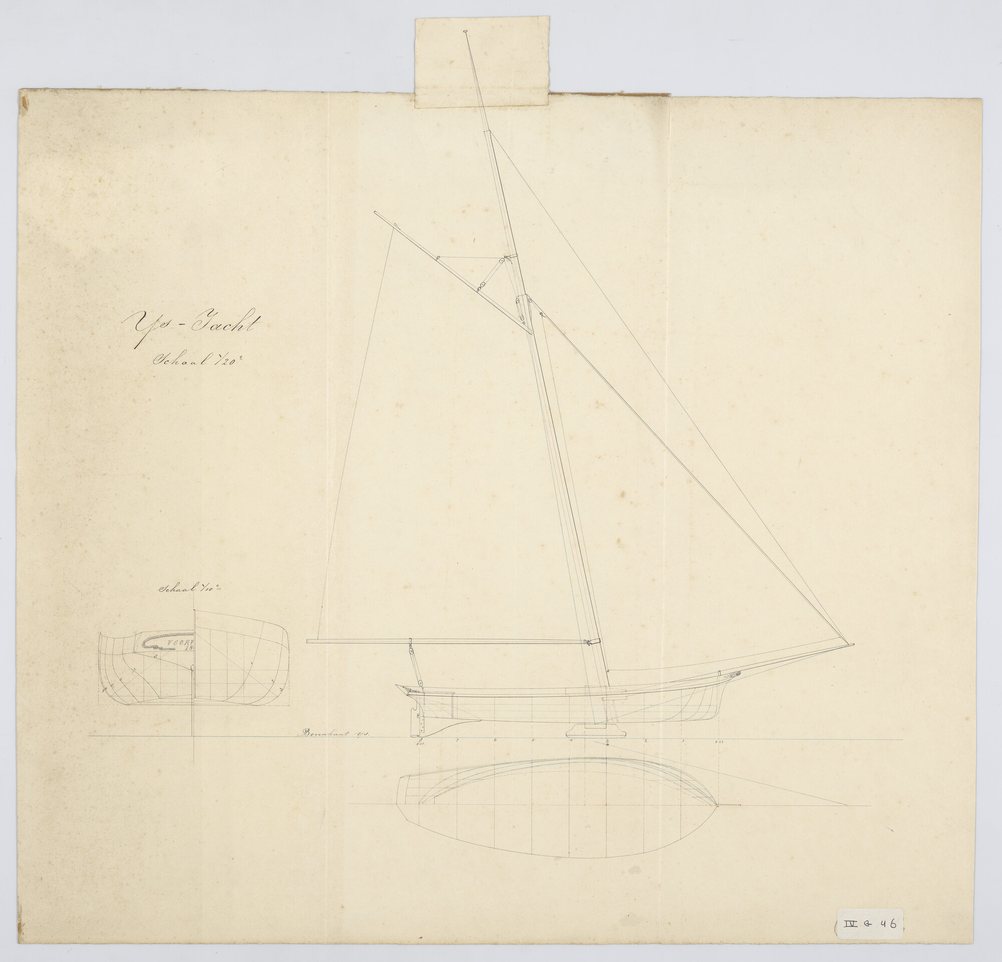 S.0678(04)31; Zij-, voor- en achteraanzicht met zeilplan, verticalen, waterlijnen van een ijsjacht; technische tekening