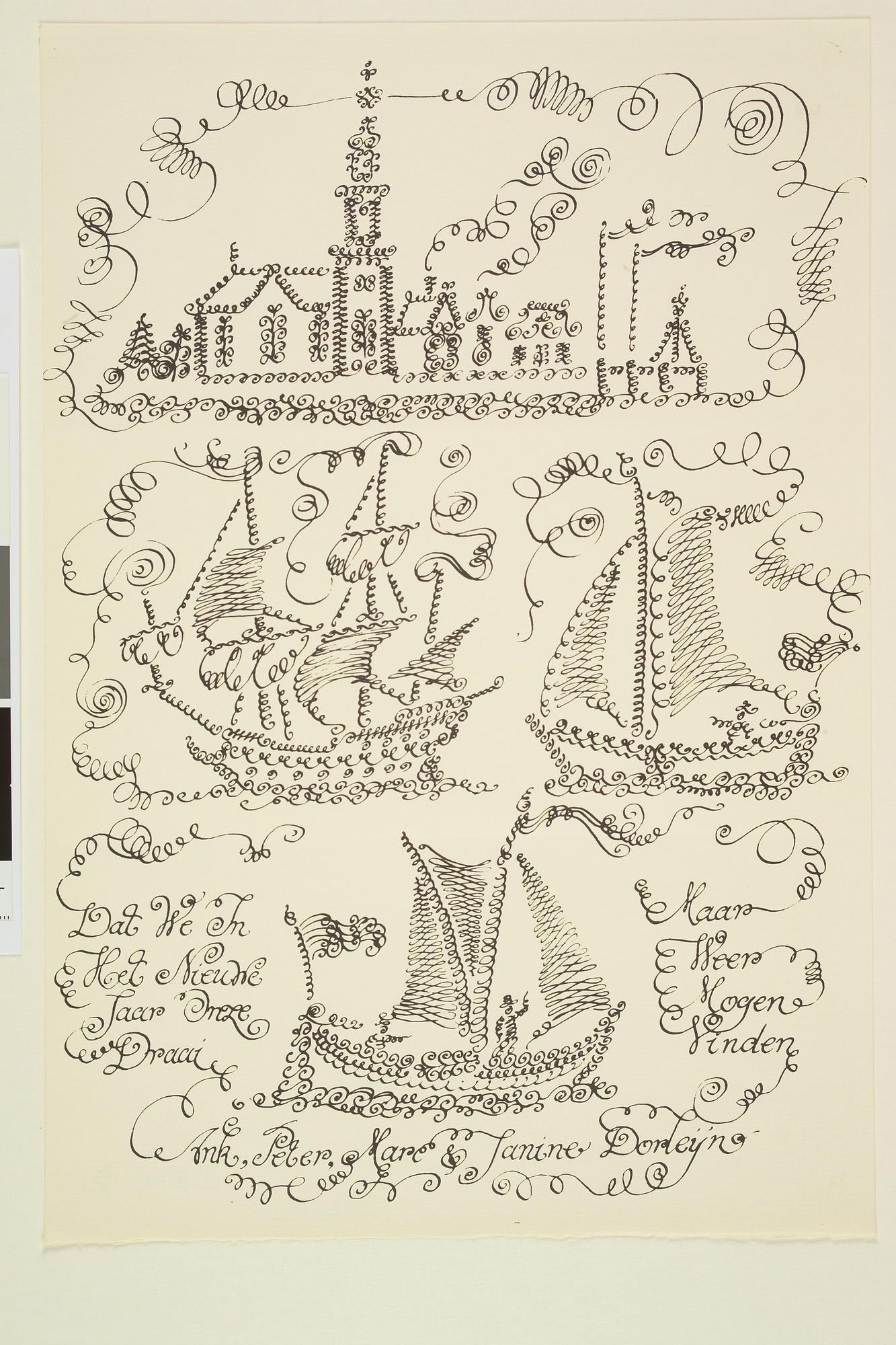 A.5461(07); Nieuwjaarswens van Peter Dorleyn en zijn gezin: calligrafische tekeningen van; prent