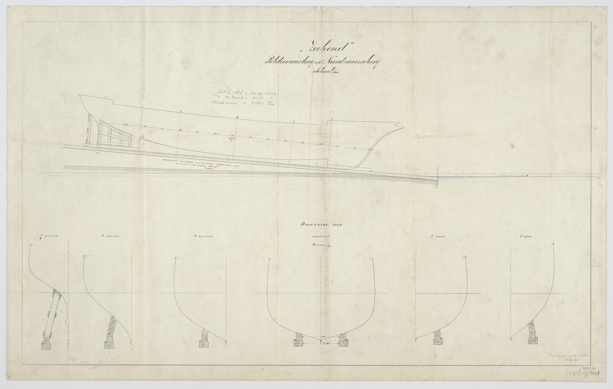 S.2175(4207); Romp van Hr.Ms. 'Zeehond' op de scheepshelling; technische tekening