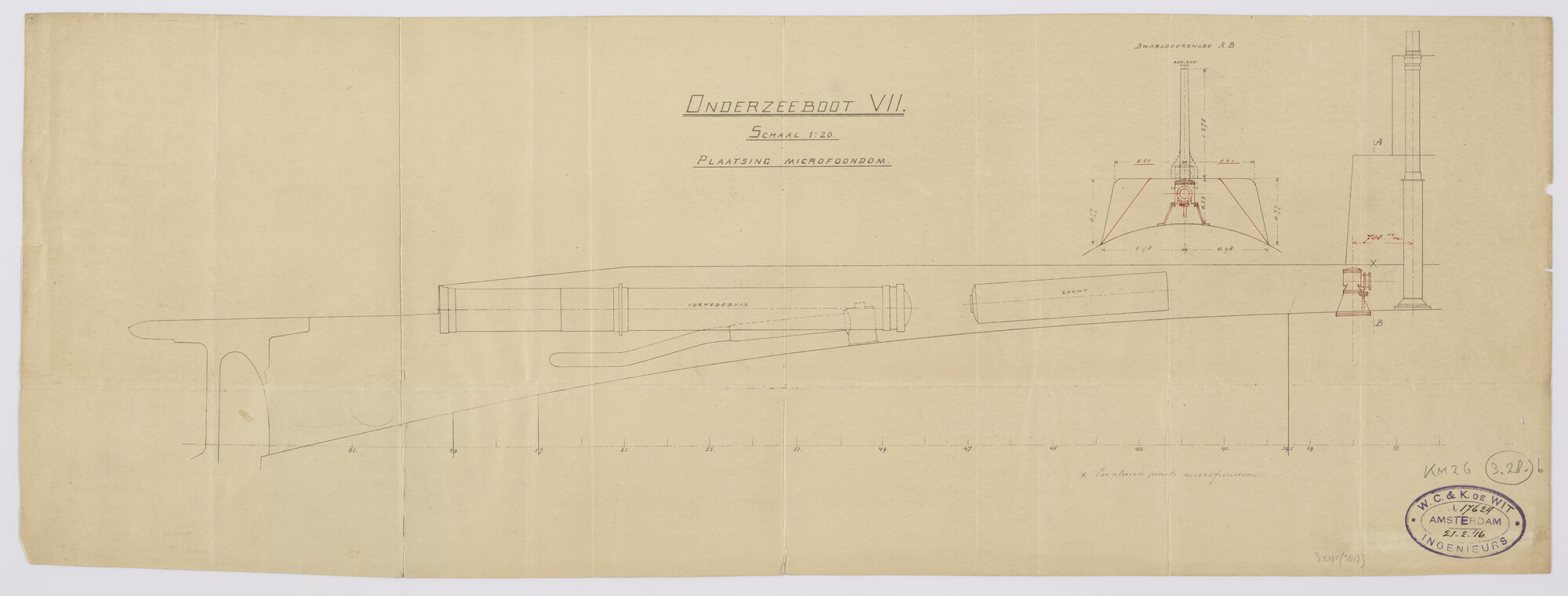 S.2175(3807); Microfoondom aan boord van de onderzeeboot Hr.Ms. 'O 7'.; technische tekening