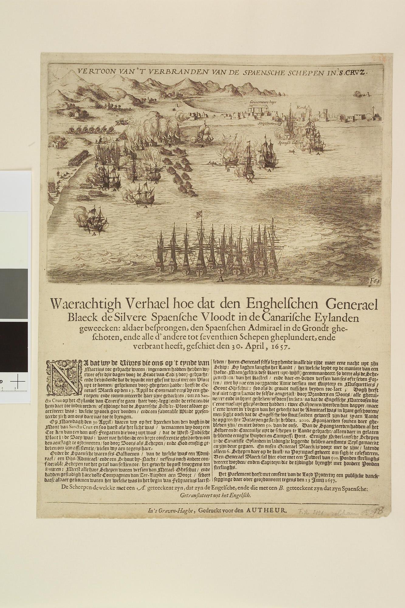 S.2983 [nr 0002]; Het verbranden van de Spaanse schepen in de baai van Santa Cruz, 1657; prent