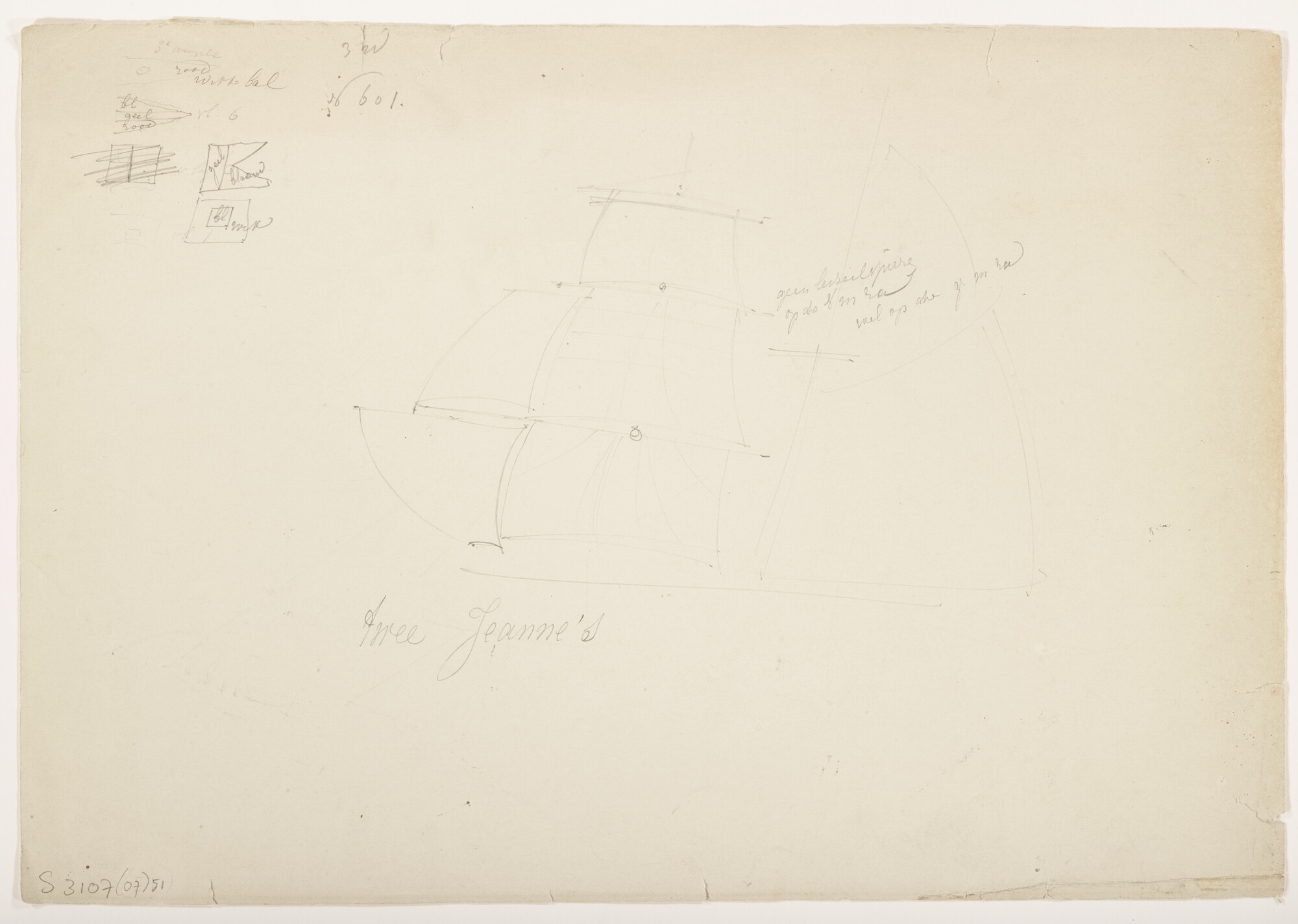 S.3107(07)051; Schets van een driemastzeilschip met een perspectiefschets van het dek; tekening