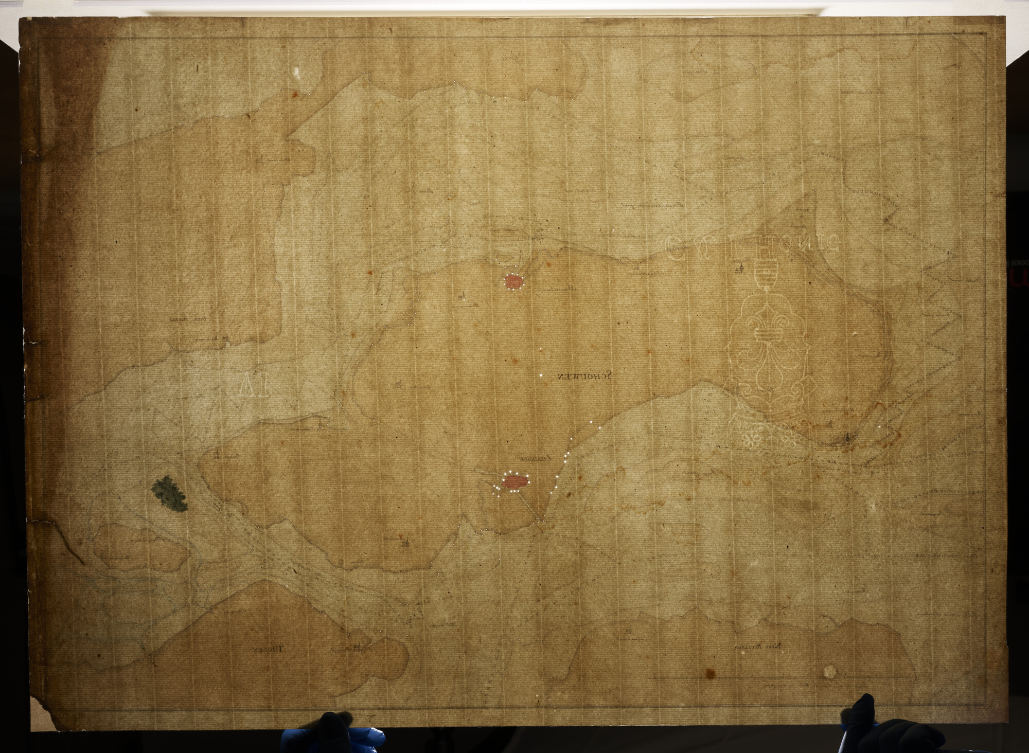 2023.0004; Zeekaart in handschrift van de zeegaten rond het eiland Schouwen-Duiveland, de Oosterschelde  en de Grevelingen; kaart