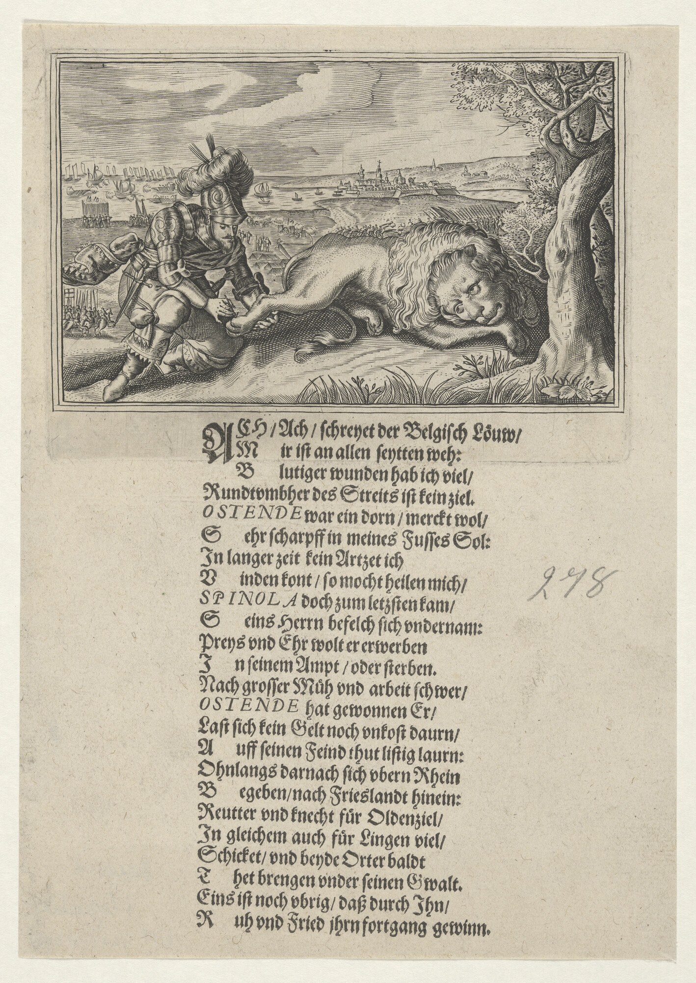 A.0145(027)361; Zinneprent op de inname van Oostende door de Spanjaarden: Spinola trekt de Belgische Leeuw een doorn uit de poot, 1604; prent