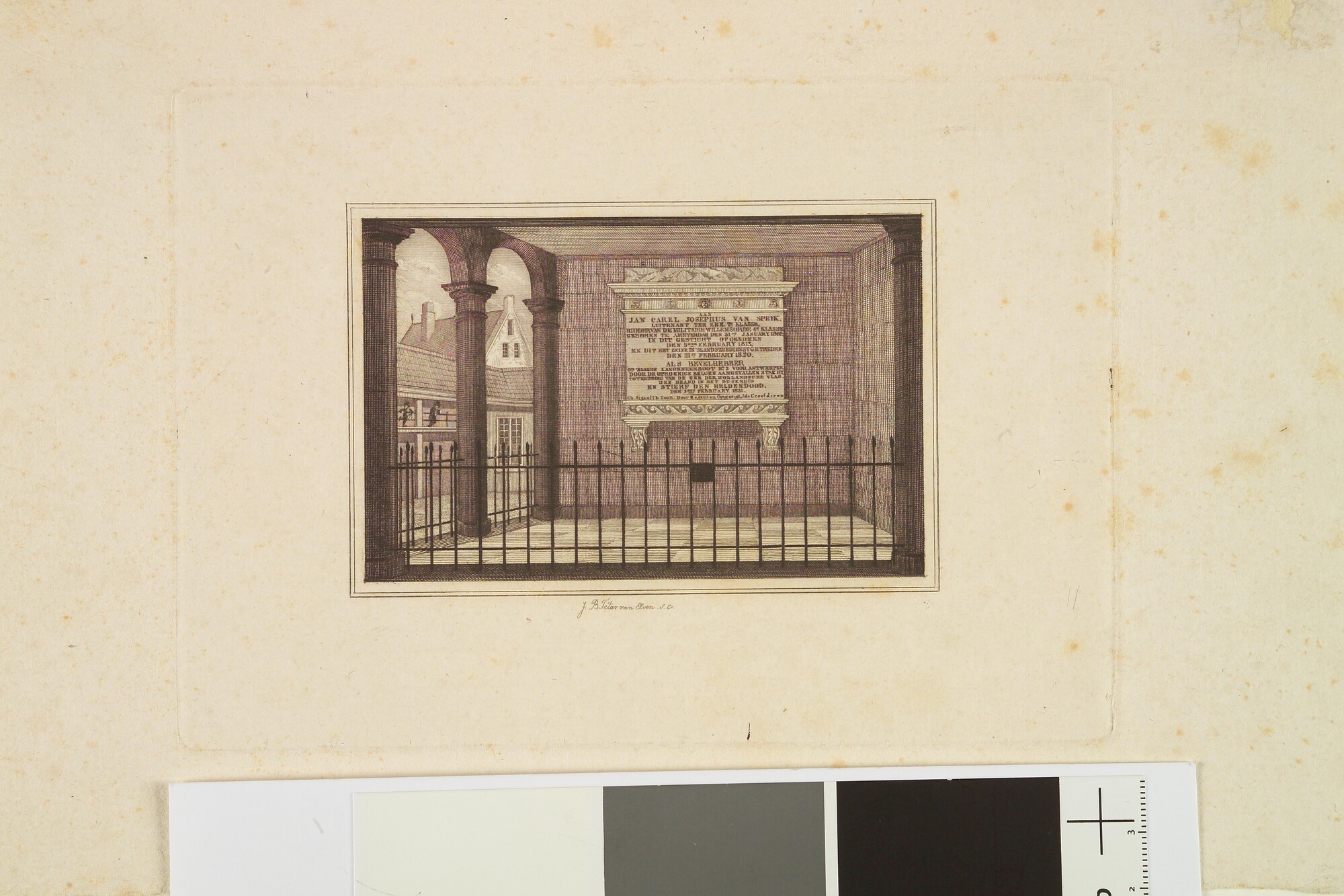 A.0964(01)62; Monument of gedenkplaat opgericht in het Burgerweeshuis te Amsterdam ter ere van J.C.J. van Speyk; prent