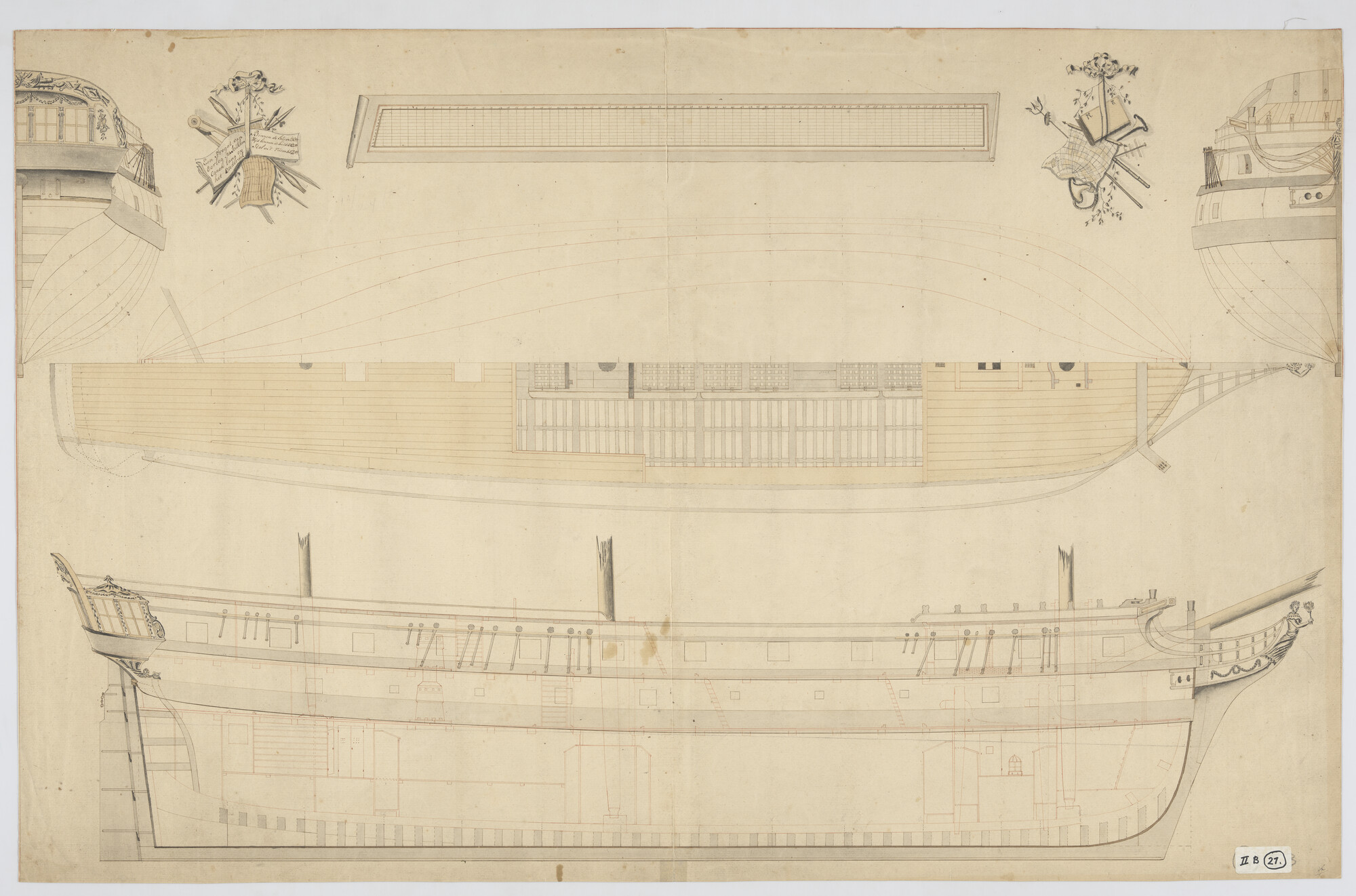 A.0149(0900); Lijnenplan van een fregat van 24 stukken; technische tekening