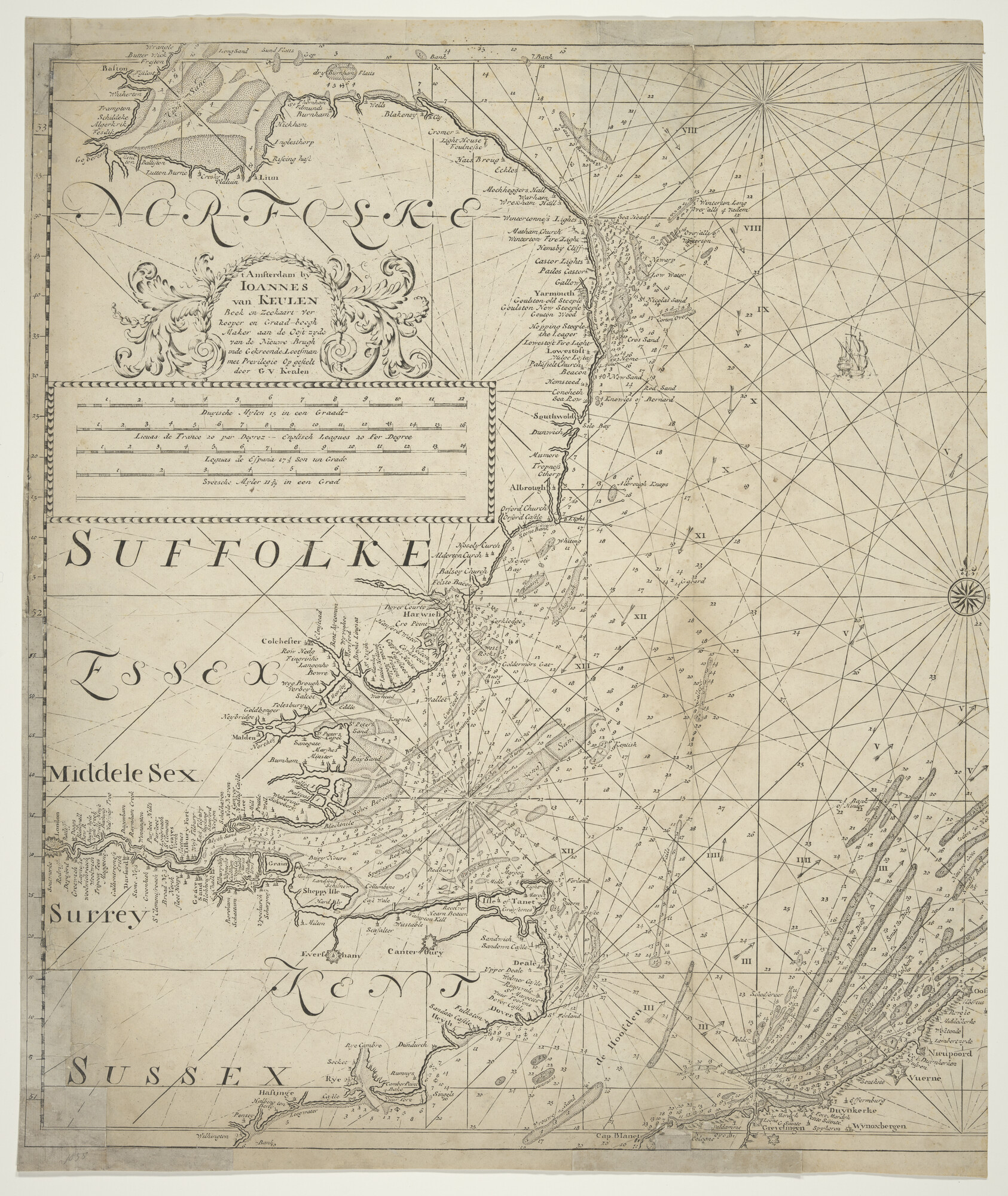 1997.3623a; Kaart van het zuidelijke deel van de Noordzee, door Johannes van Keulen (1654 - 1715); zeekaart
