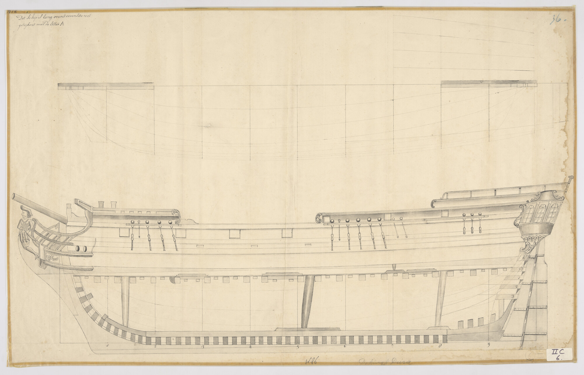 S.0247(23); Algemeen- en lijnenplan van een driemastschip met 14 stukken; technische tekening