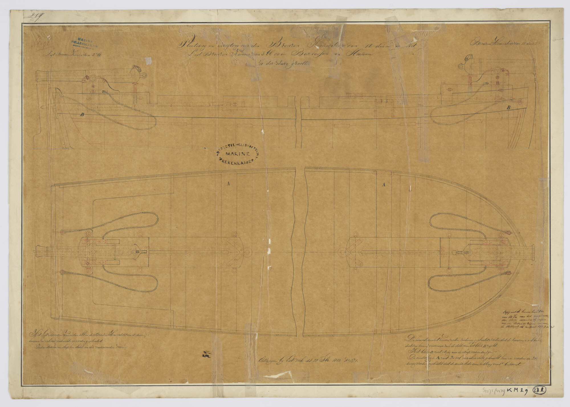 S.2175(4432); Plaatsing van de houwitser en kanon op barkassen en sloepen; technische tekening