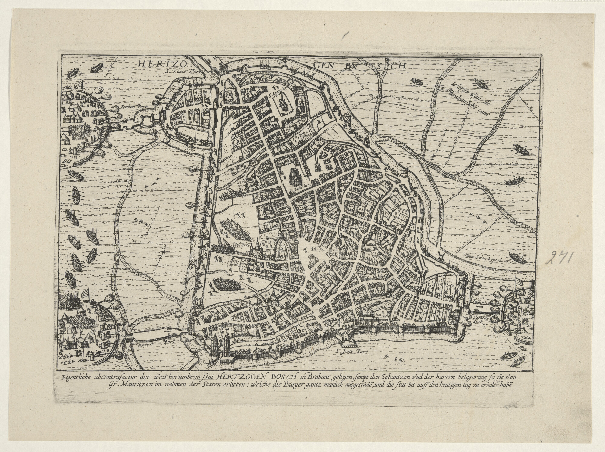A.0145(027)335; Plattegrond van 's-Hertogenbosch en de belegering door Maurits, 1 november 1601; prent