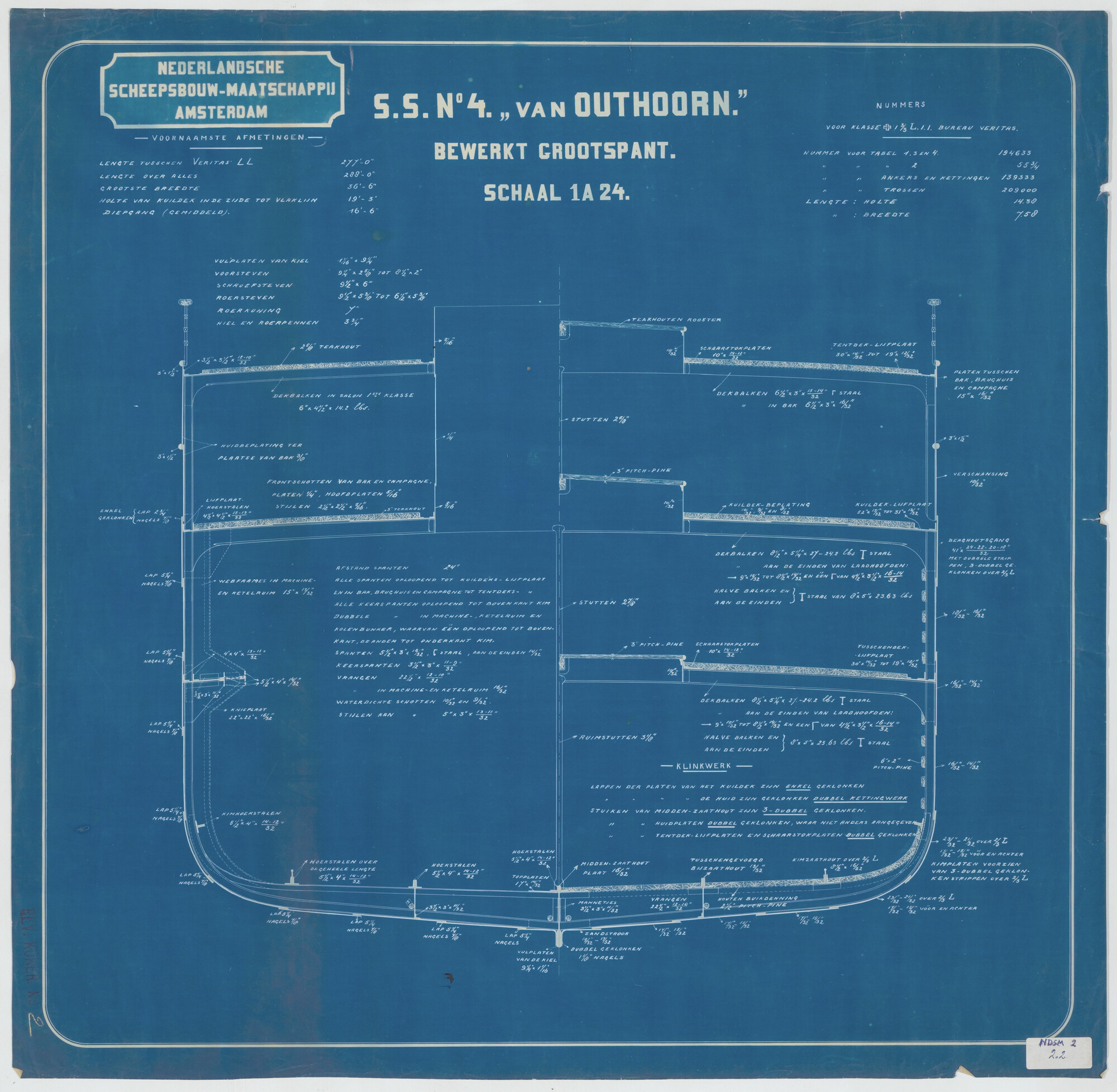 S.5444(002.02); Grootspant van het vracht- en passagiersschip ss. Van Outshoorn van de [...]; technische tekening