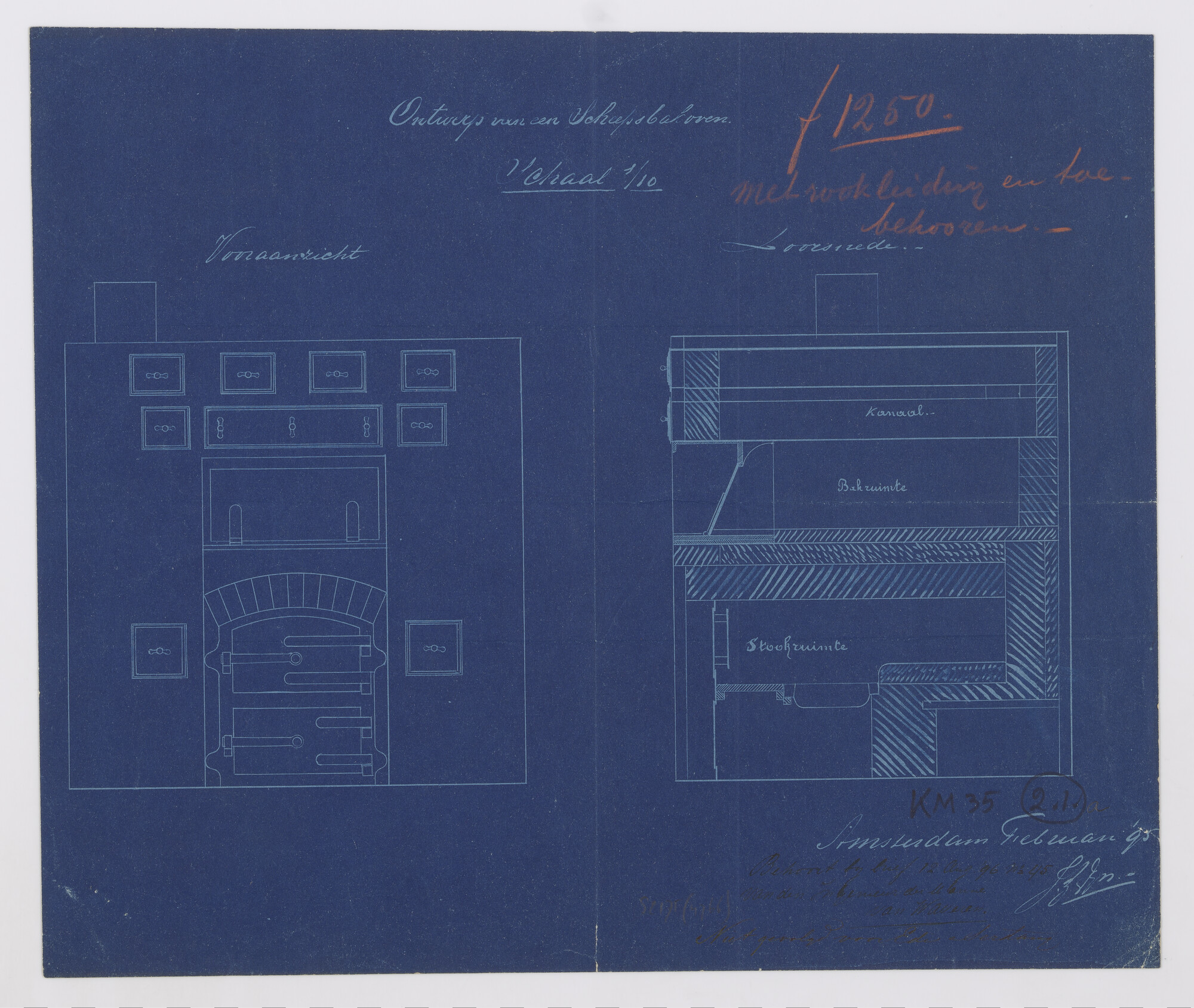 S.2175(4766); Ontwerp bakkersoven aan boord van de flottieljevaartuigen (niet gevolgd); technische tekening