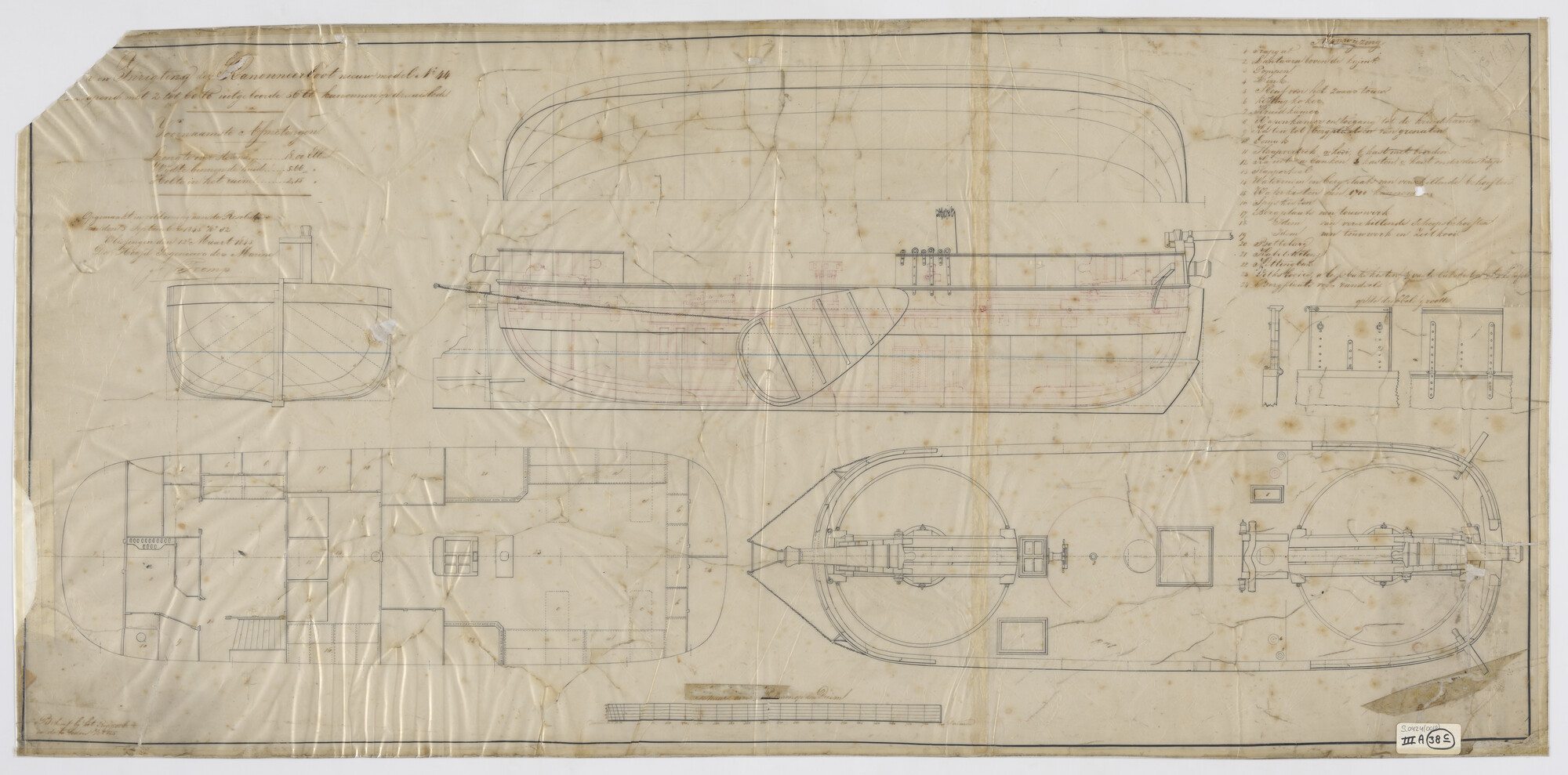 S.0424(01)10; Algemeen- en lijnenplan van een groot nieuw model gaffelkanonneerboot; technische tekening