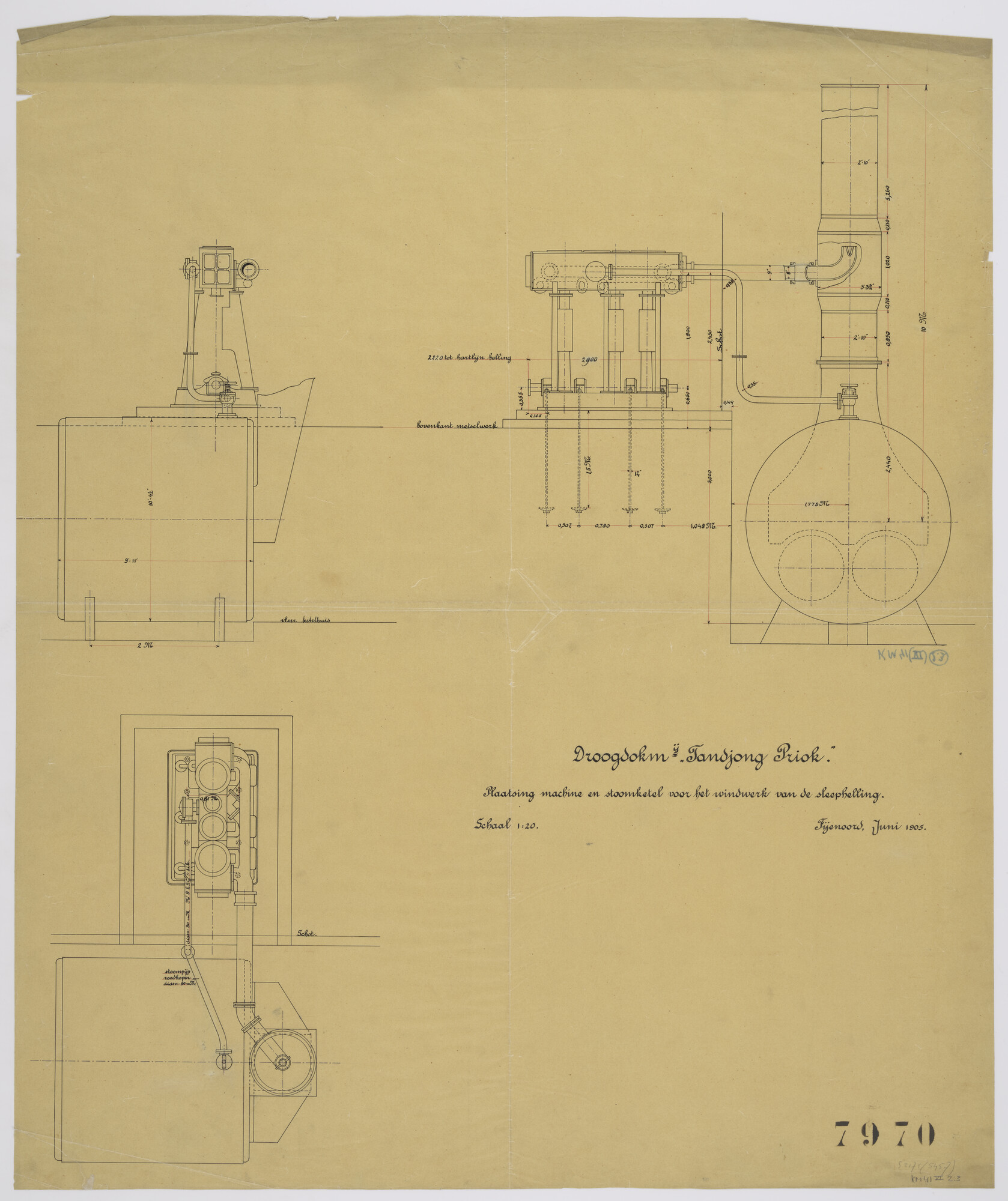 S.2175(5457); Doorsneden van een stoommachine met stoomketel voor de Droogdok Maatschappij 'Tandjong Priok'; technische tekening