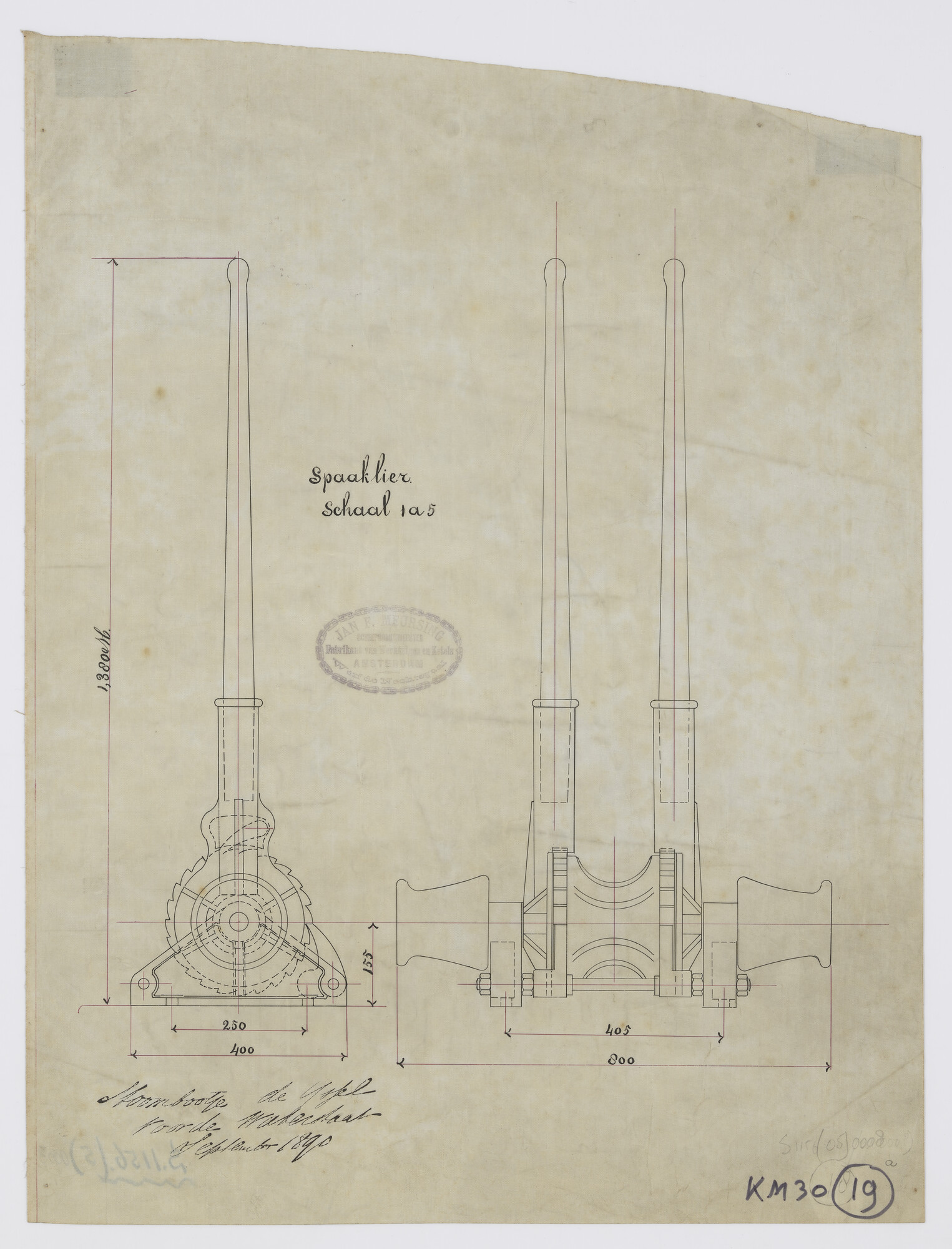 S.1156(05)0008; Doorsneden van een spaaklier van de Machinefabriek gebr. Figee Haarlem; technische tekening