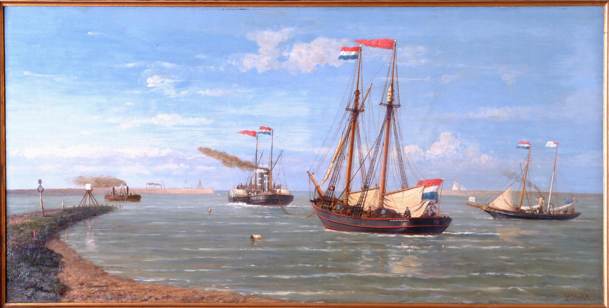 A.5573; De poolschoener Willem Barents wordt de haven van IJmuiden uitgesleept; schilderij