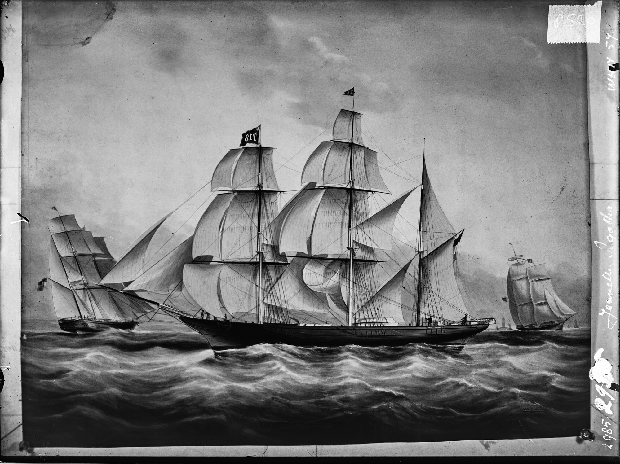 S.1156(06)107a; Reproductienegatief van een tekening gemaakt door J. Spin van het barkschip "Jeanette Agatha"; negatief