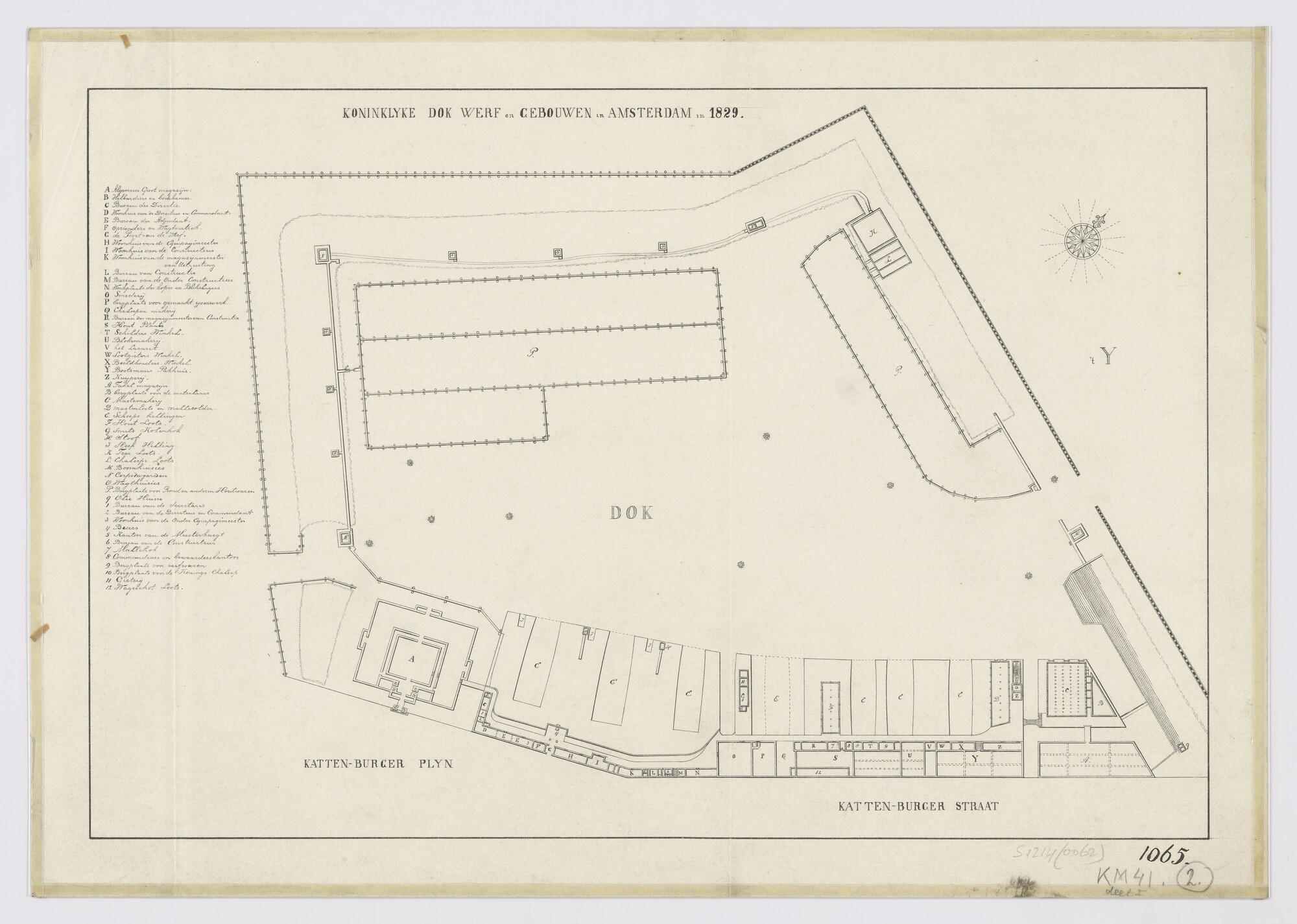 S.1214(0062); Plattegrond van de Koninklijke Dok Werf en Gebouwen te Amsterdam in 1829 met uitvoerige legenda; technische tekening
