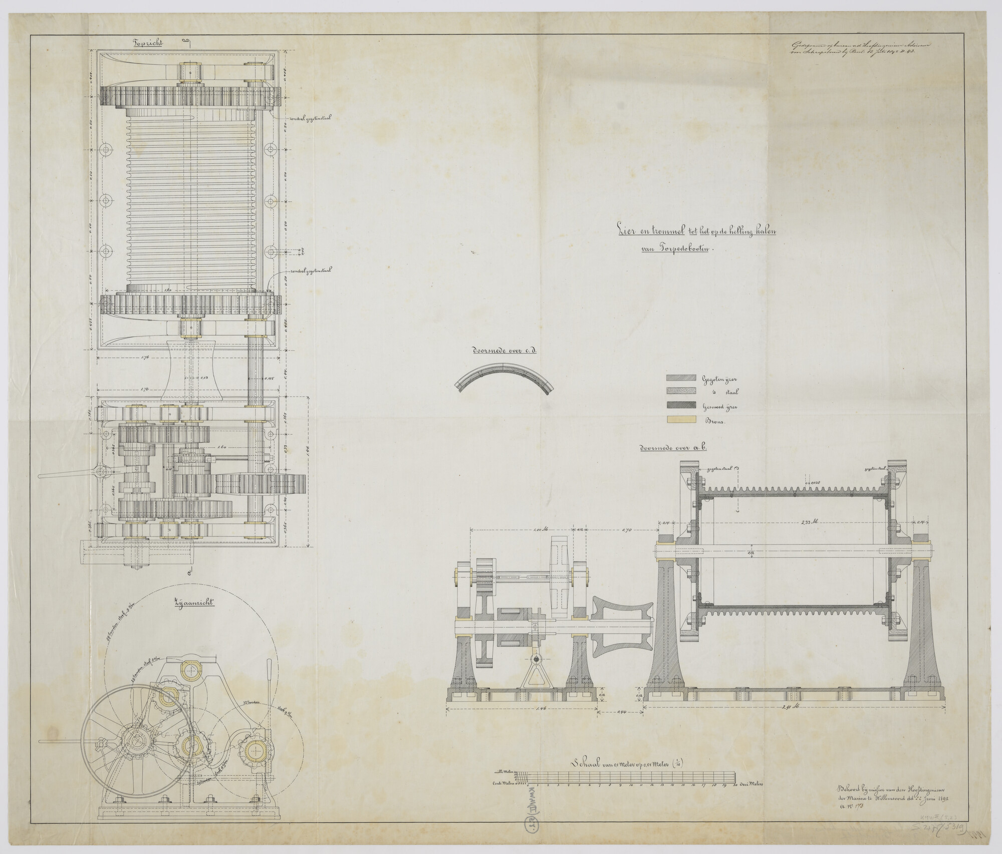 S.2175(5319); Doorsneden van een lier en trommel tot het ophalen van torpedoboten; technische tekening