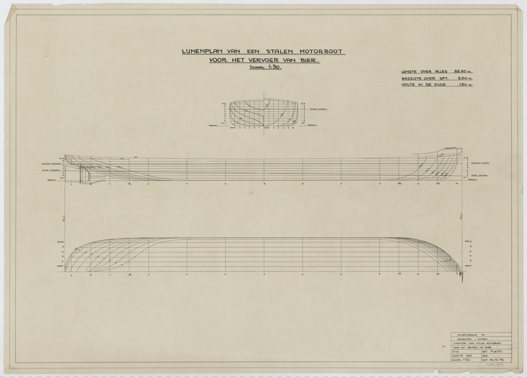 2005.1920; Lijnenplan van het biertankschip "Gerritje"; technische tekening