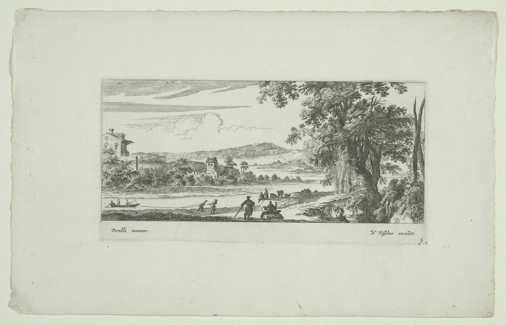 A.3138(02) [nr 0005]; Een buitenlandse haven in een lieflijk landschap; prent