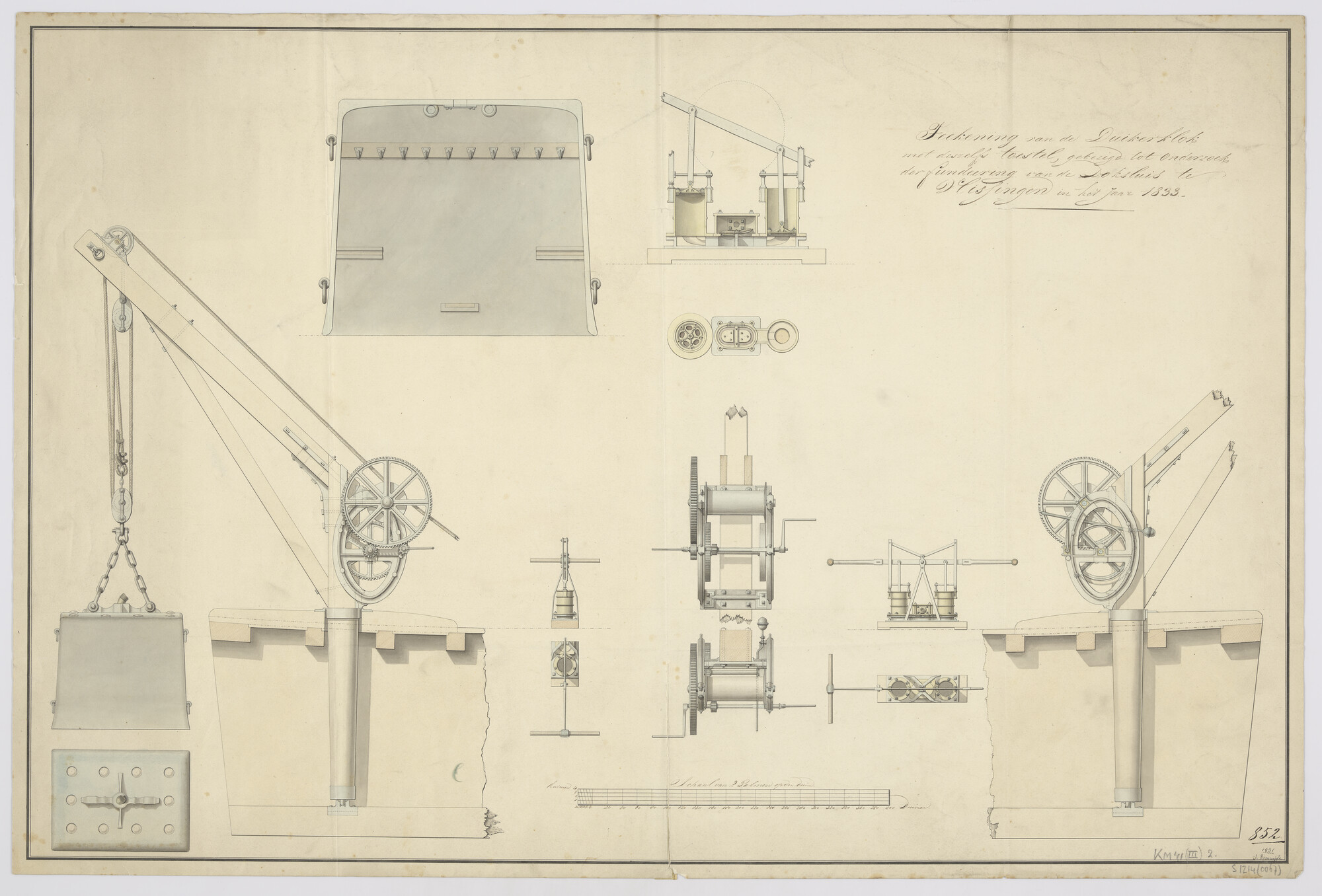 S.1214(0067); Diverse doorsneden en aanzichten van de duikerklok met kraan bij de Rijkswerf te Vlissingen (1833); technische tekening