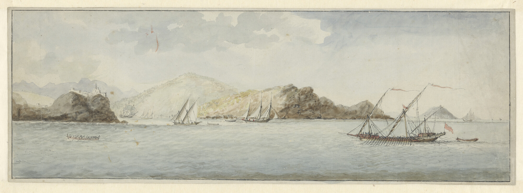 A.1533(02); Twee chebeks en een galei in de Middellandse Zee; tekening