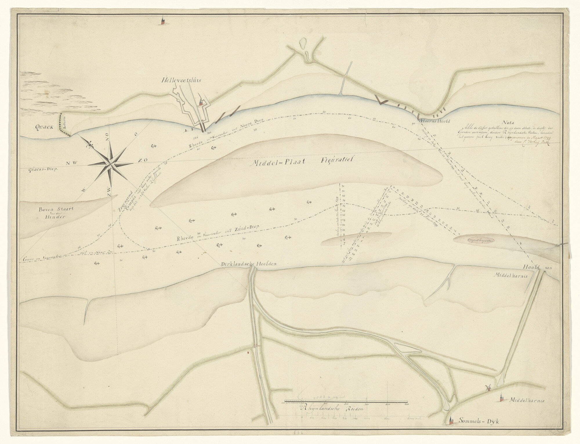 A.2226(05); Gekleurde handschriftkaart van het Noorddiep en Zuiddiep in de omgeving van Hellevoetsluis en Middelharnis; rivierkaart