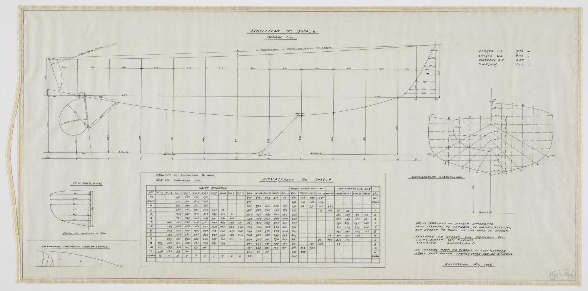 1993.4896; Stapelplan en uitslagtabel zeiljacht 'Glashart'; technische tekening