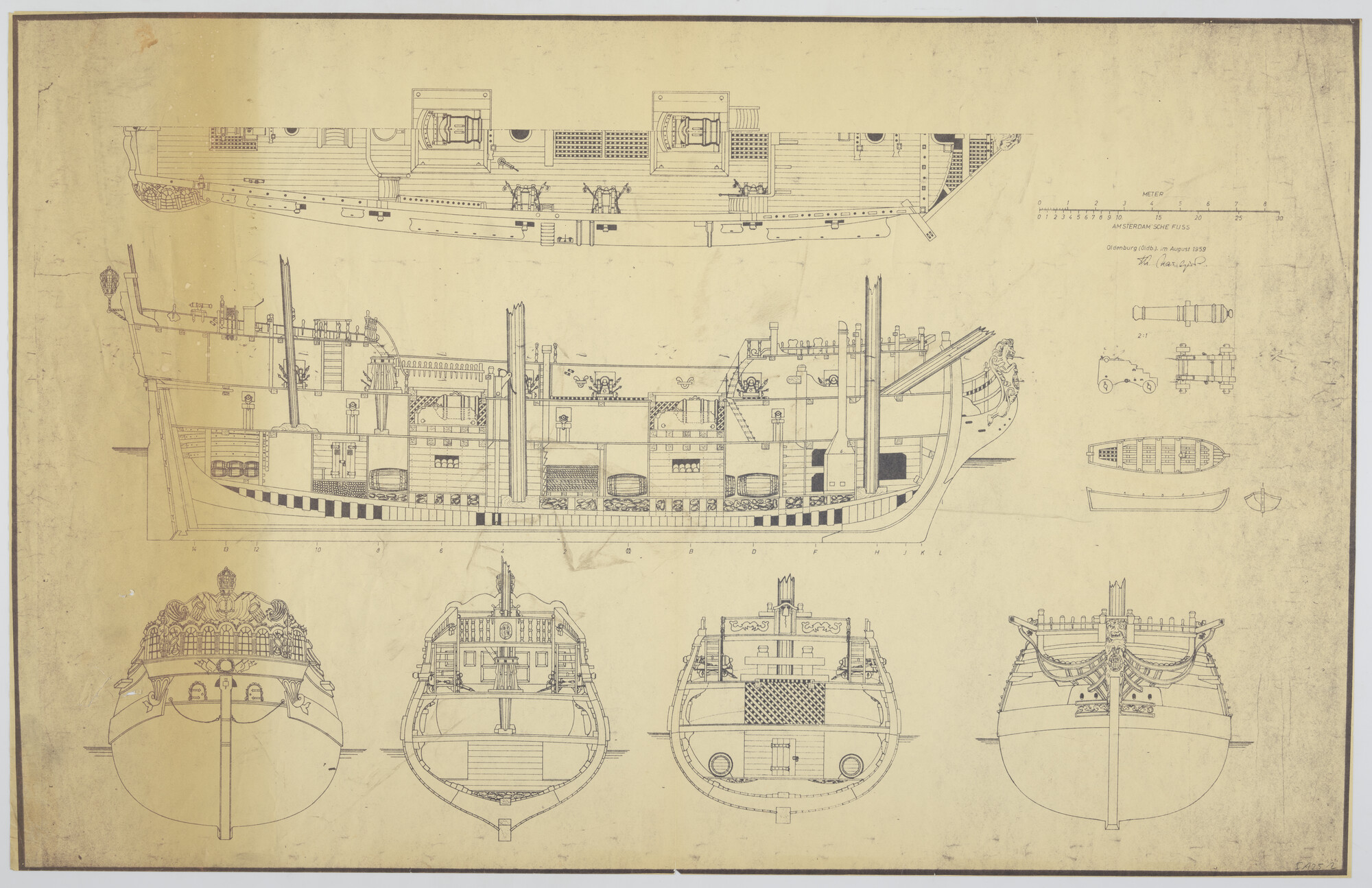 A.5335(10); Reconstructie tekeningen van schip van oorlog 'Oldenburg': Verticale langsdoorsnede; technische tekening