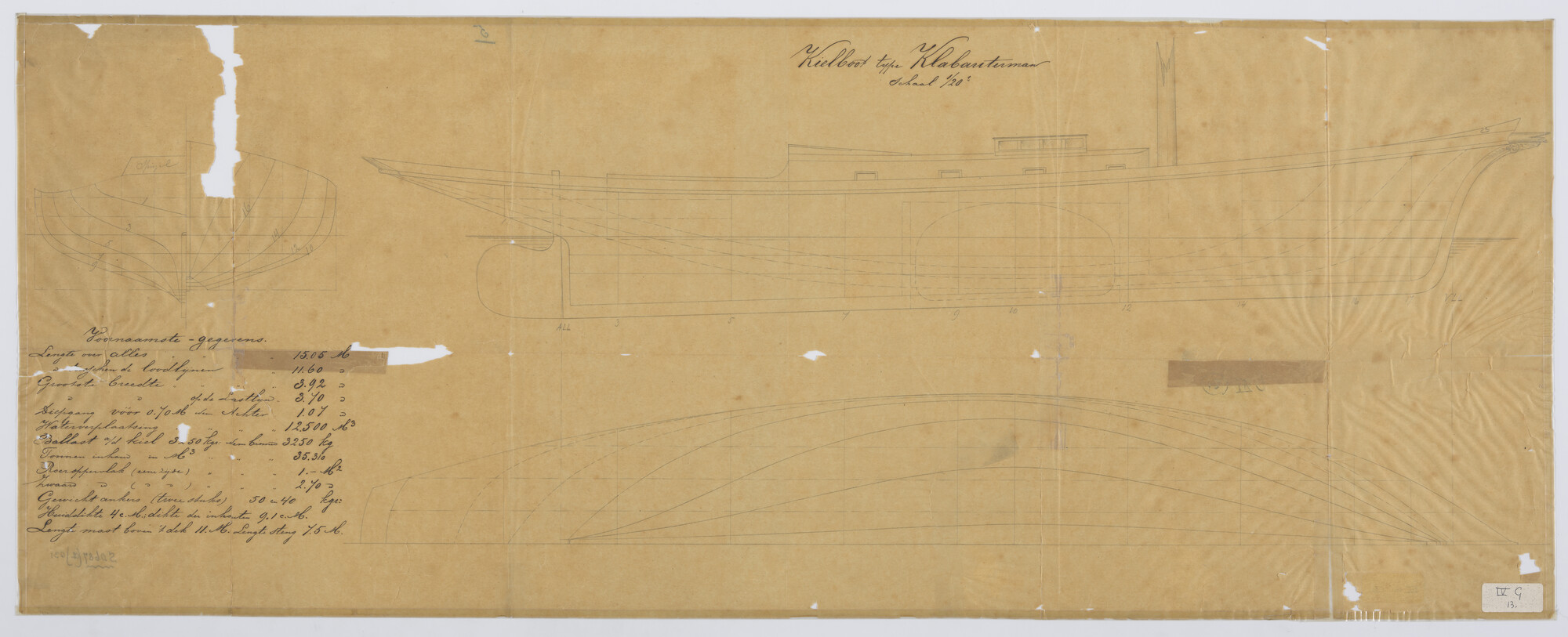 S.0687(02)031; Zijaanzicht, vooraanzicht, achteraanzicht, waterlijnen van midzwaardjacht 'Nellie'; technische tekening