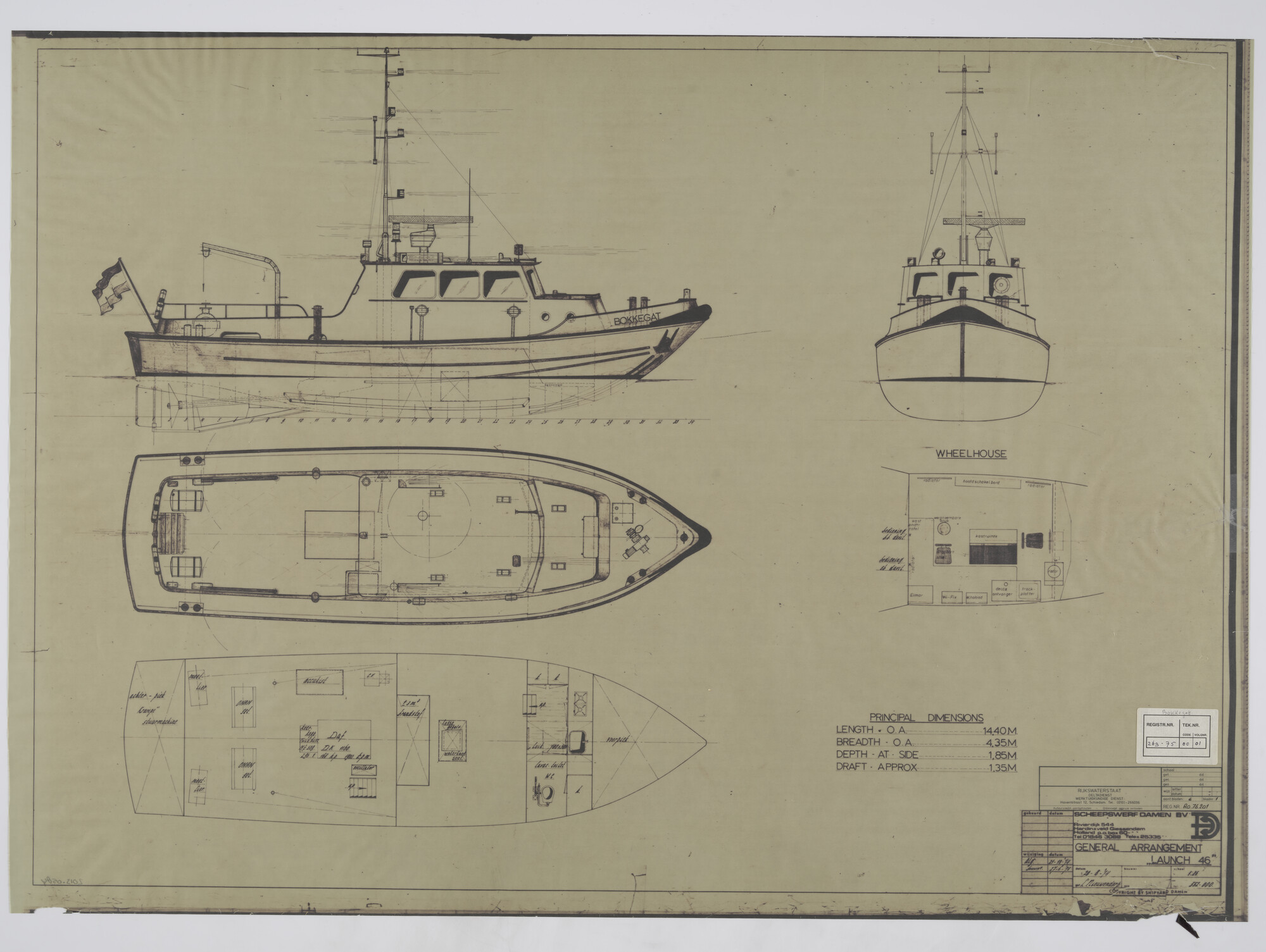 2013.0584; Algemeen plan Launch 46, het werkvaartuig Bokkegat van 14.40 meter; technische tekening