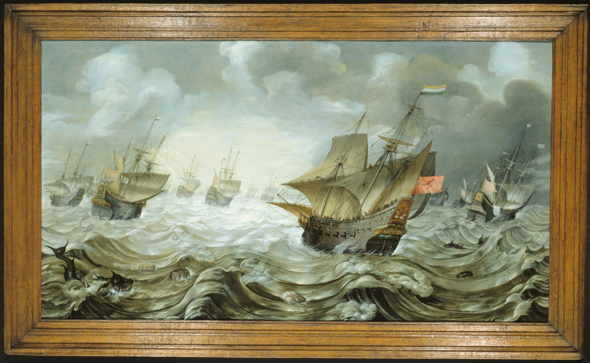2002.0775; De Oostindiëvaarder Amsterdam en een groot aantal Amsterdamse oorlogsschepen op zee; schilderij