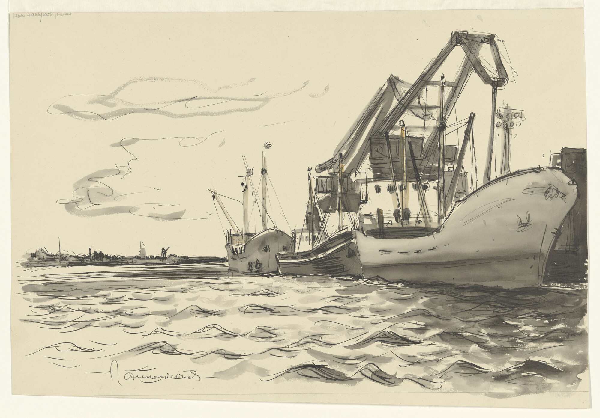 A.5568(02); Tekening van het laden van hout in coasters, te Mäntyluoto in Finland; tekening