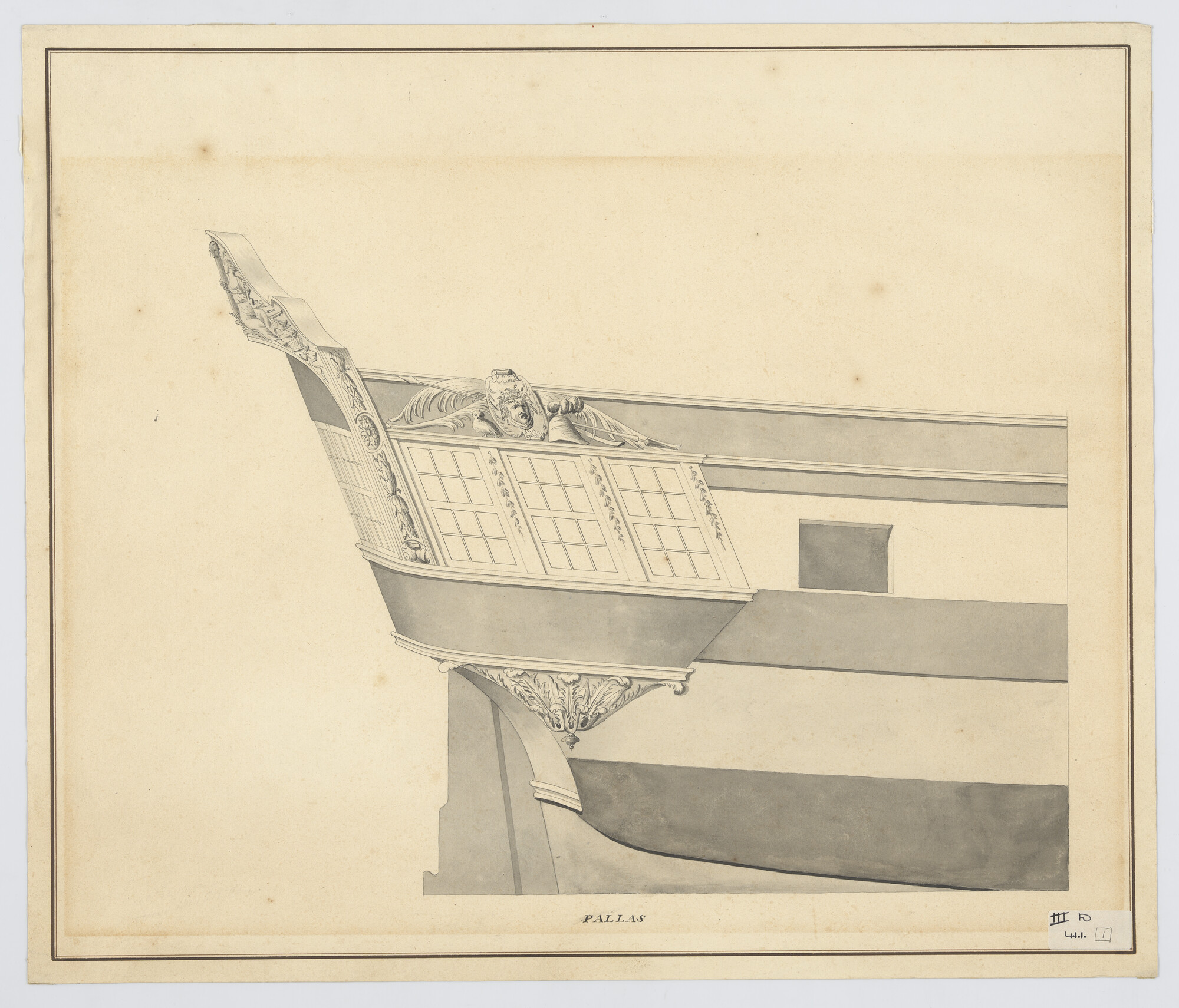 S.0600(01)082; zijgalerij van het fregat 'Pallas'; technische tekening
