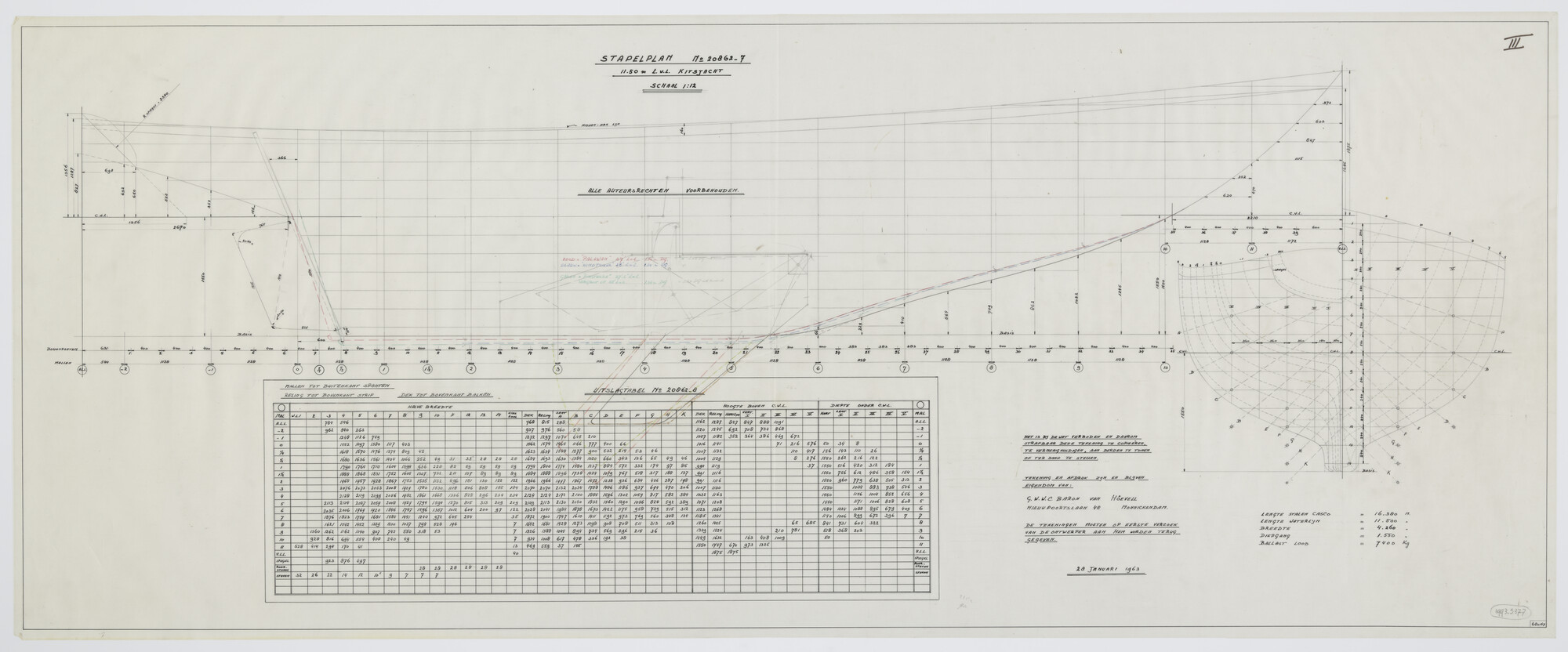 1993.5377; Stapelplan en uitslagtabel zeiljacht 'Witte Raaf'; technische tekening