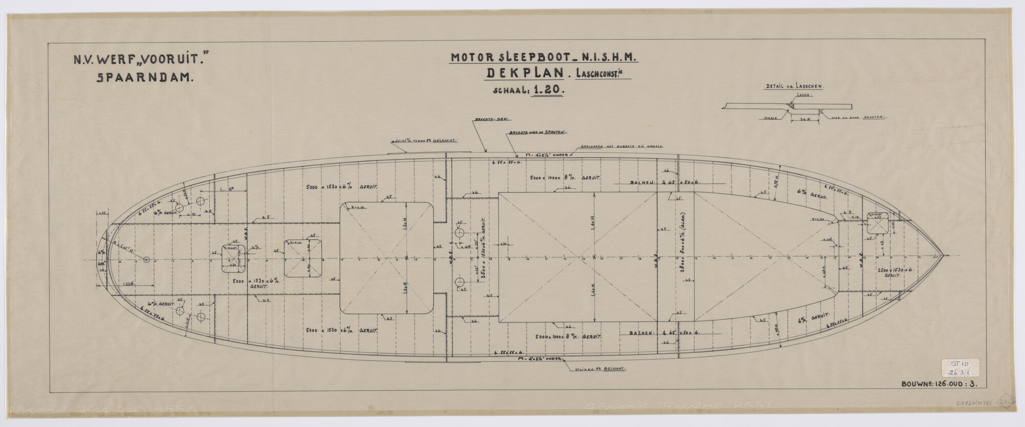 S.4827(1038); Dekplan van de sleepboot Rolf van de NISHM, 1936; technische tekening