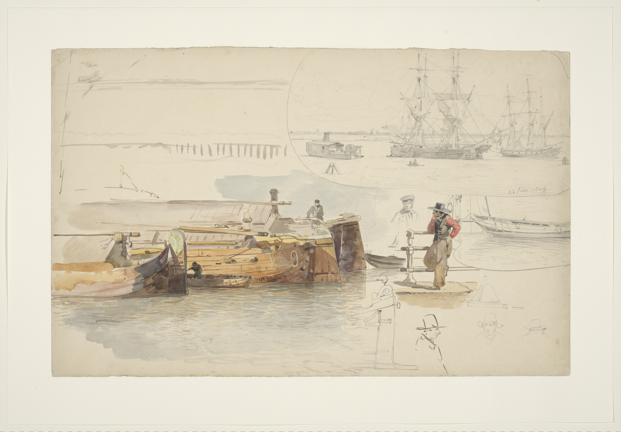 A.0863(28); Diverse scheepstypen, waaronder een tjalk, een praam, brikschepen; tekening