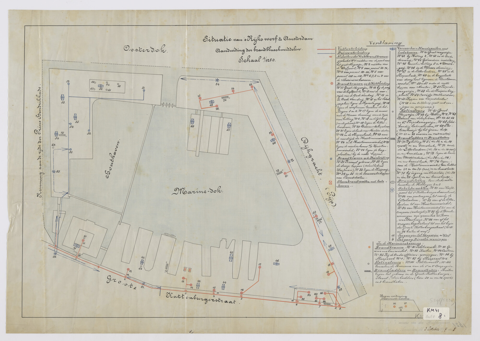 S.2175(5234); Plattegrond van de Rijkswerf te Amsterdam (1894) met aanduiding der brandblusmiddelen; technische tekening