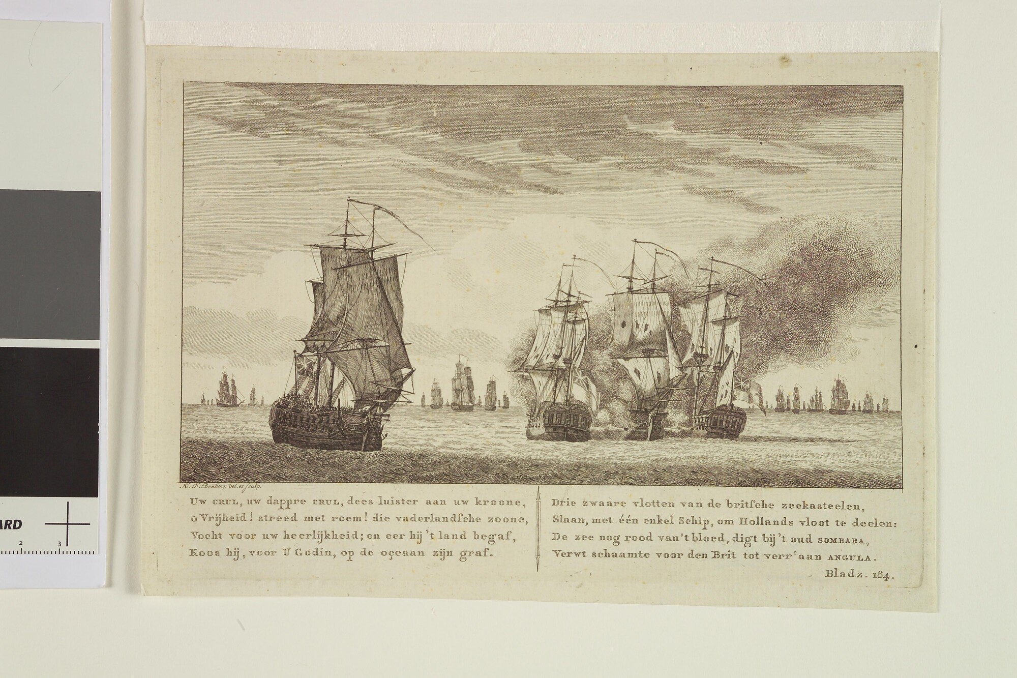 S.2644(14); Prent van de verdediging van het oorlogsschip Mars tegen drie Engelse oorlogsschepen; prent