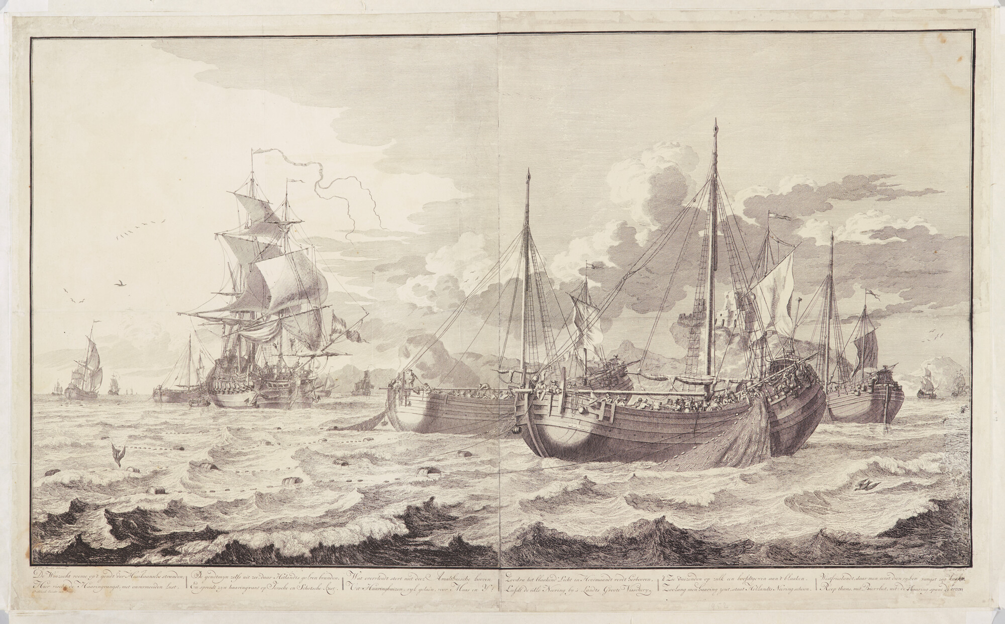 A.0432; Gravure in twee bladen met afbeeldingen van de haringvangst bij de Shetlandeilanden; prent
