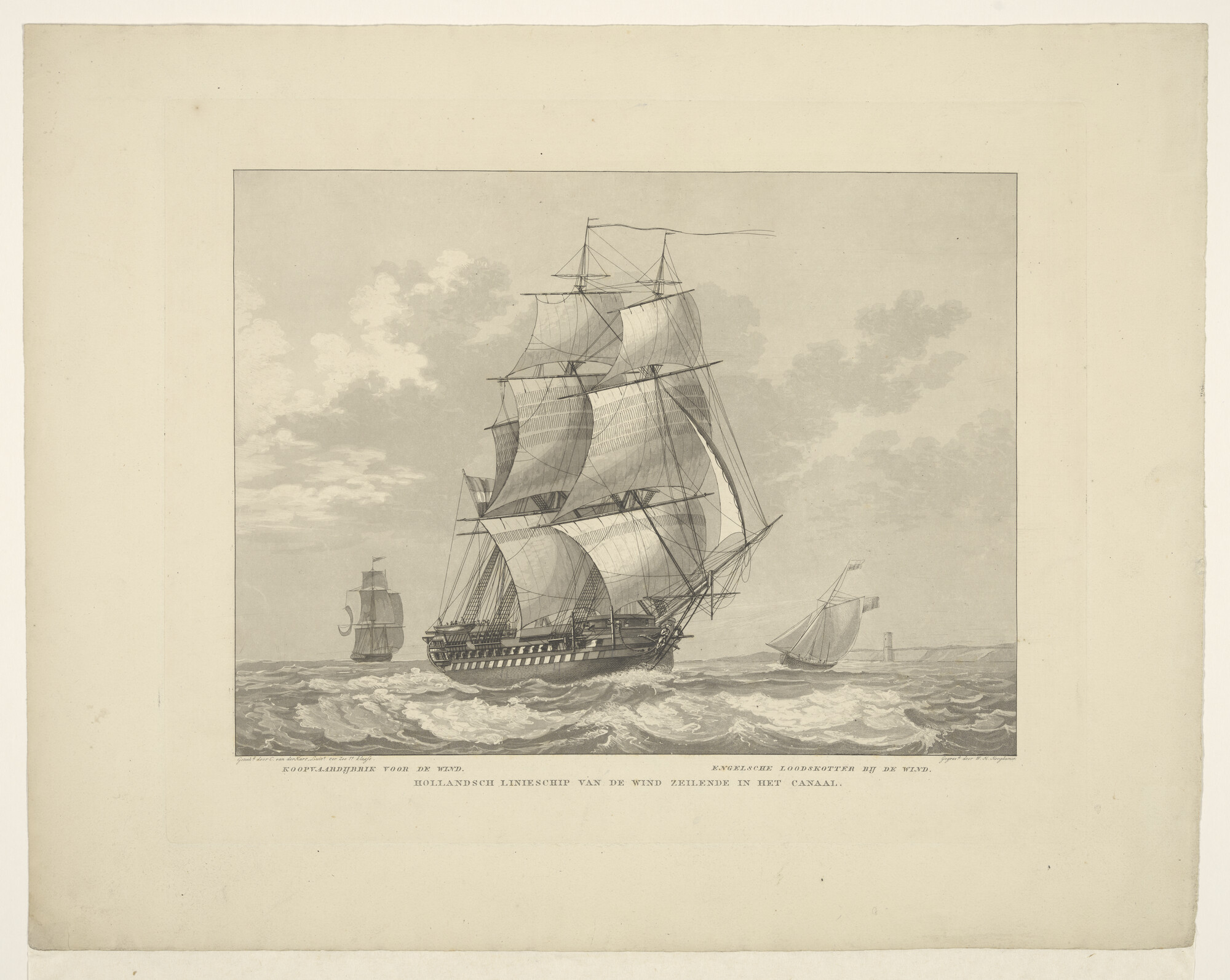 S.1277(04)6; Hollands linieschip, voor de wind zeilende in het Kanaal; prent