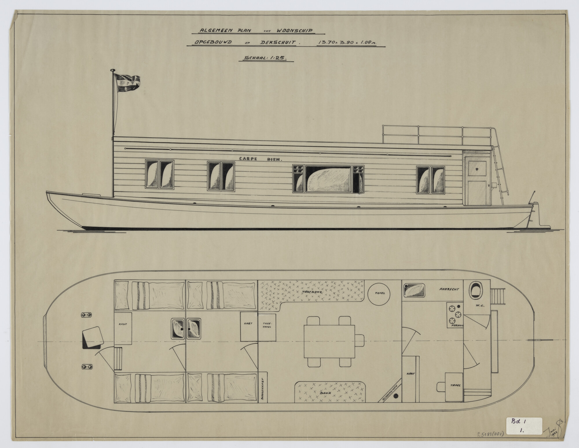 S.5181(001); Algemeen plan van het woonschip 'Carpe Diem' met houten opbouw, gebouwd op een dekschuit; technische tekening
