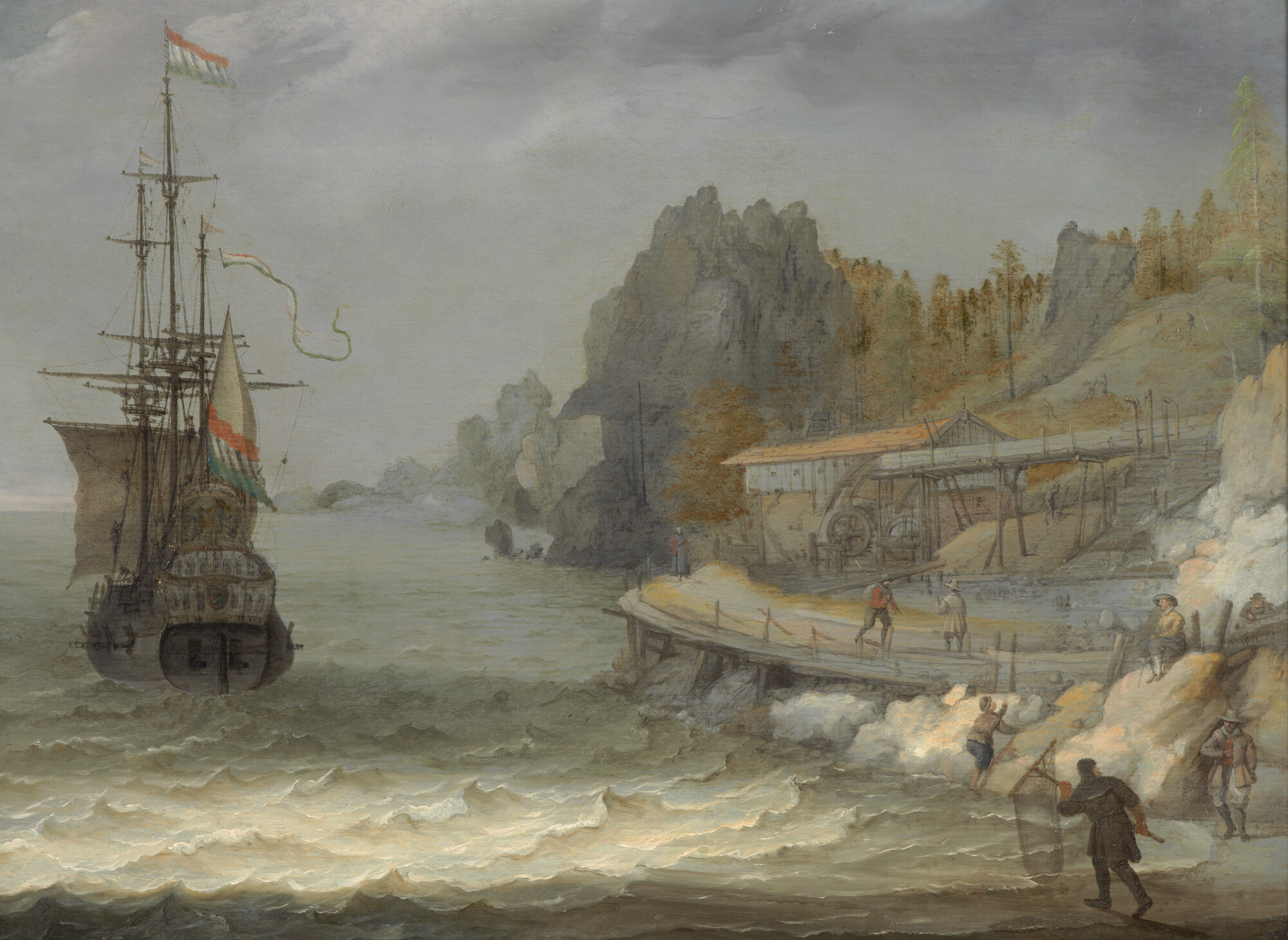 A.0076(03); Nederlandse koopvaardijschepen in een buitenlandse baai; schilderij