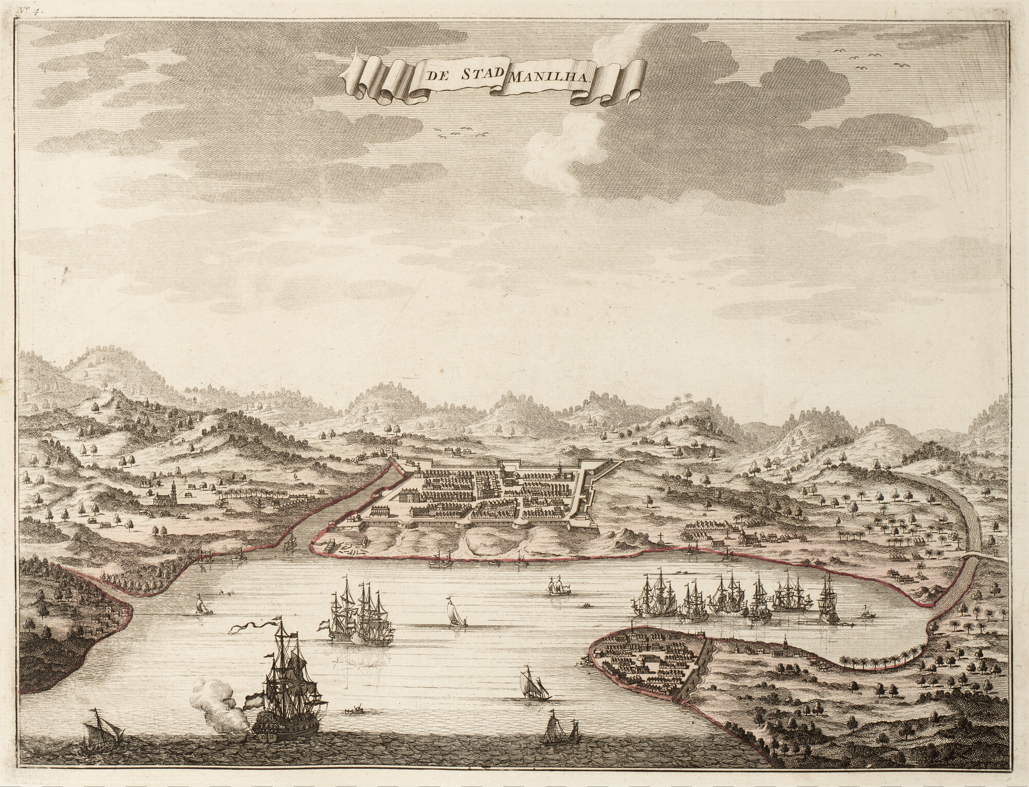 B.0032(109)6 [kaart 151]; Aanzicht  van de stad Manilla in Filippijnen uit Valentijn's Oud en Nieuw; prent