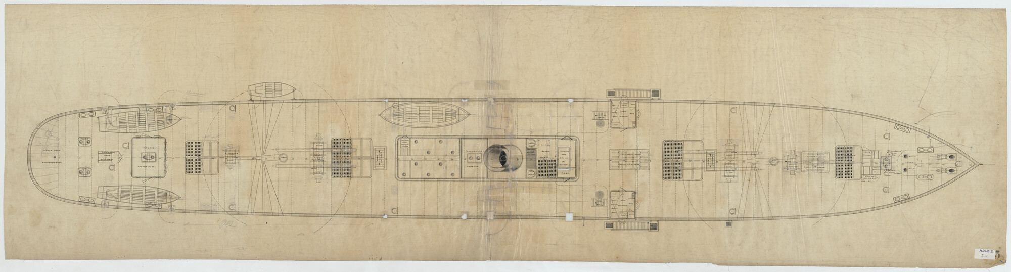 S.5444(002.11); Bovenaanzicht van het vracht- en passagiersschip ss. Van Outshoorn van de [...]; technische tekening